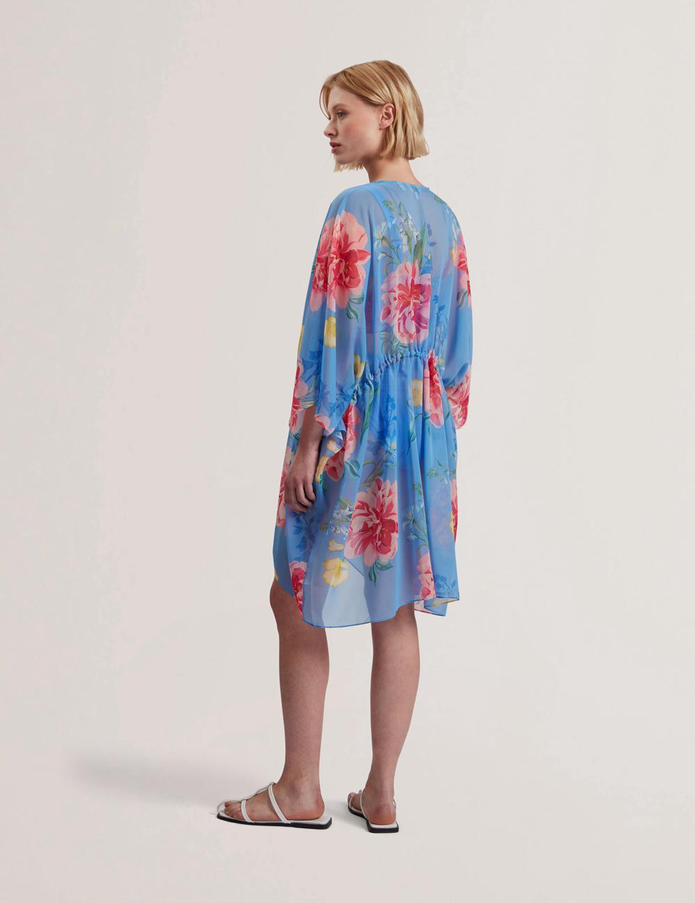Women Ted Baker LARJA - Floral Print Chiffon Mini Beach Kaftan Cover Ups Blue | KSA  0219-PGXHO