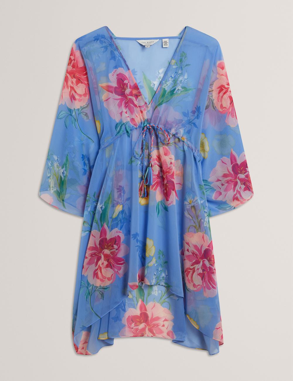 Women Ted Baker LARJA - Floral Print Chiffon Mini Beach Kaftan Cover Ups Blue | KSA  0219-PGXHO