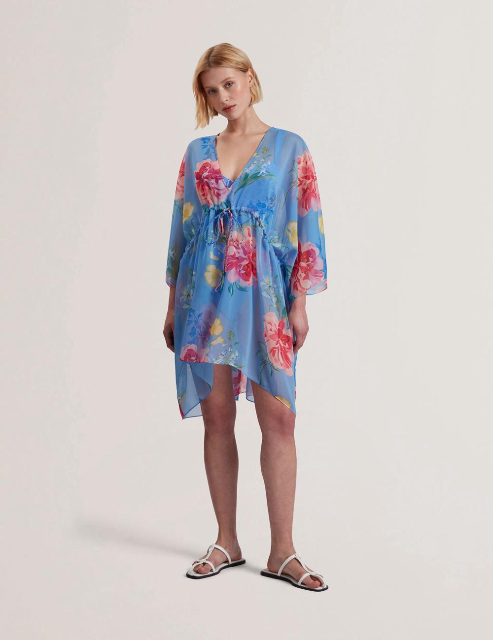 Women Ted Baker LARJA - Floral Print Chiffon Mini Beach Kaftan Cover Ups Blue | KSA  0219-PGXHO