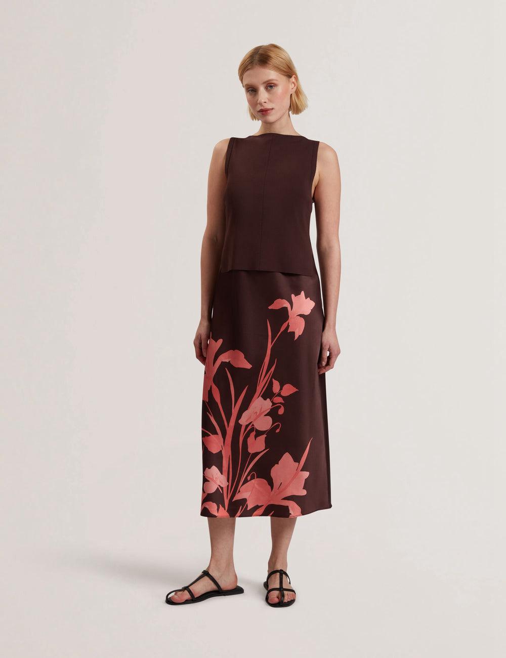 Women Ted Baker LATTENA - Printed Satin With Removable Tank Midi Dresses Dk-Brown | KSA  1476-URXGT