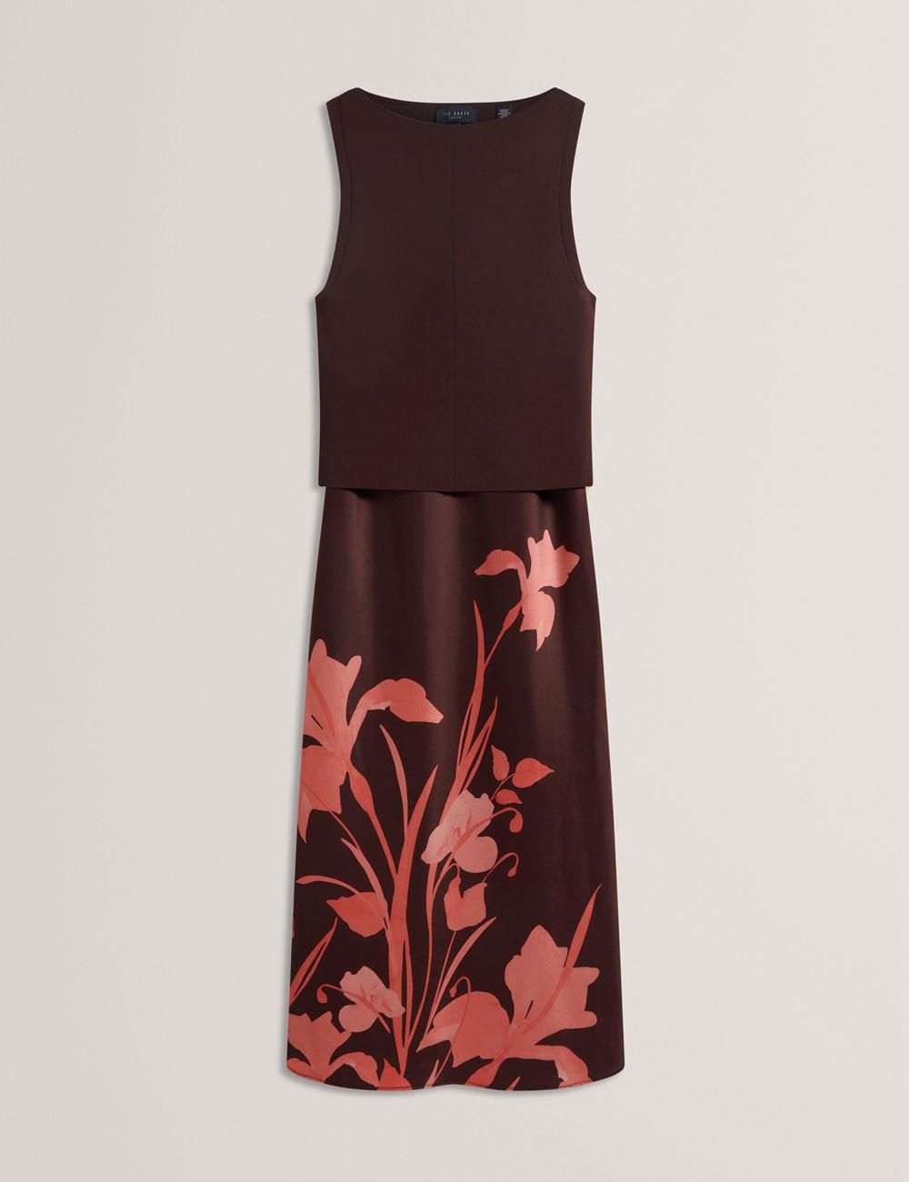 Women Ted Baker LATTENA - Printed Satin With Removable Tank Midi Dresses Dk-Brown | KSA  1476-URXGT