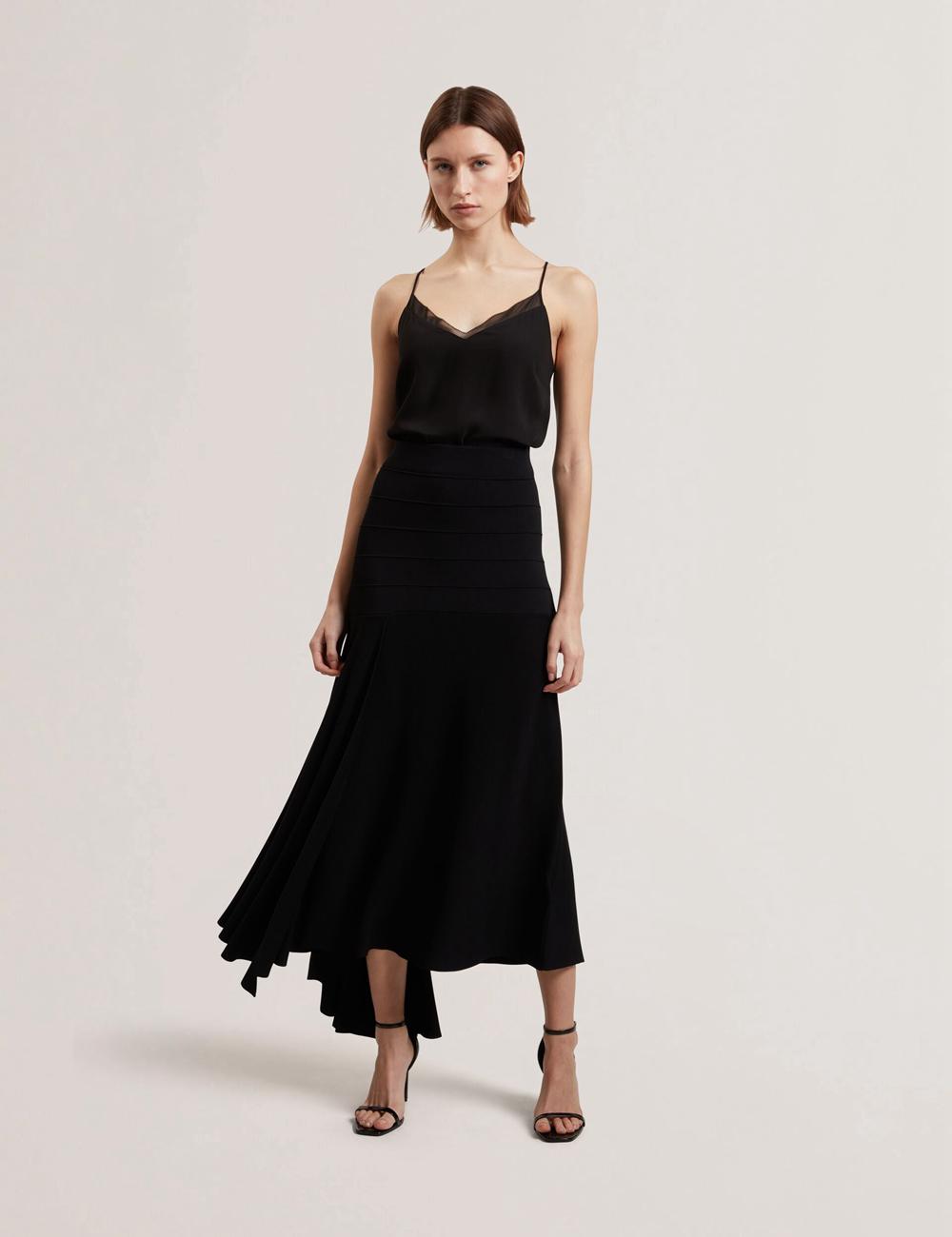 Women Ted Baker LAURRIE - Asymmetric Waterfall Hem Knitted Midi Skirts Black | KSA  9431-EORKX