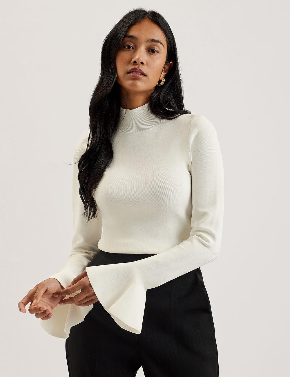 Women Ted Baker LAYNHA - Flared Sleeve High Neck Knitted Top Jumpers Ivory | KSA  8240-FLAZQ