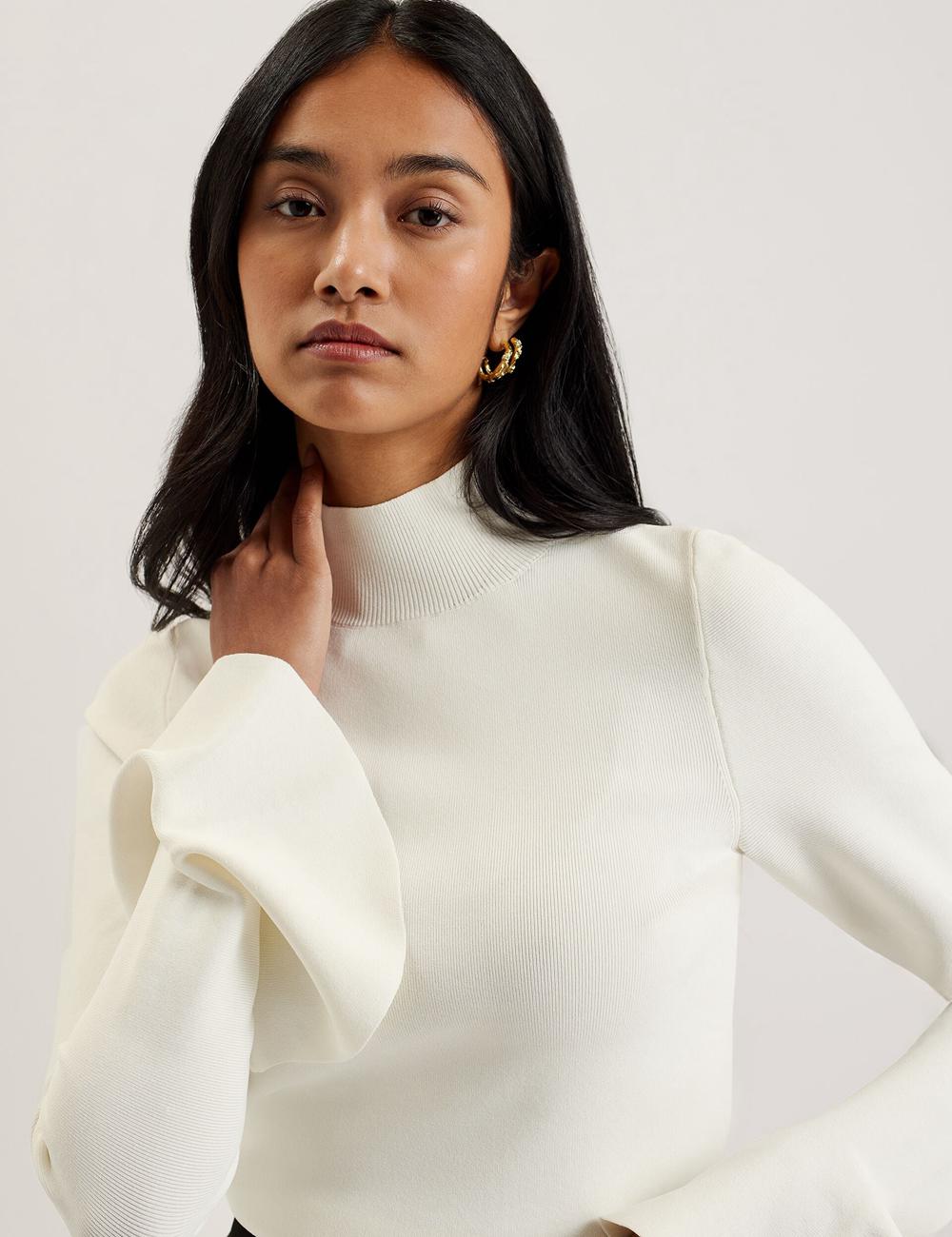 Women Ted Baker LAYNHA - Flared Sleeve High Neck Knitted Top Jumpers Ivory | KSA  8240-FLAZQ