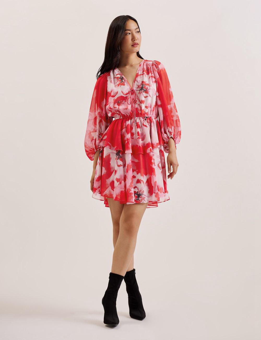 Women Ted Baker LEYNA - Floral Chiffon Front Mini Dresses Red | KSA  9754-HNYLQ