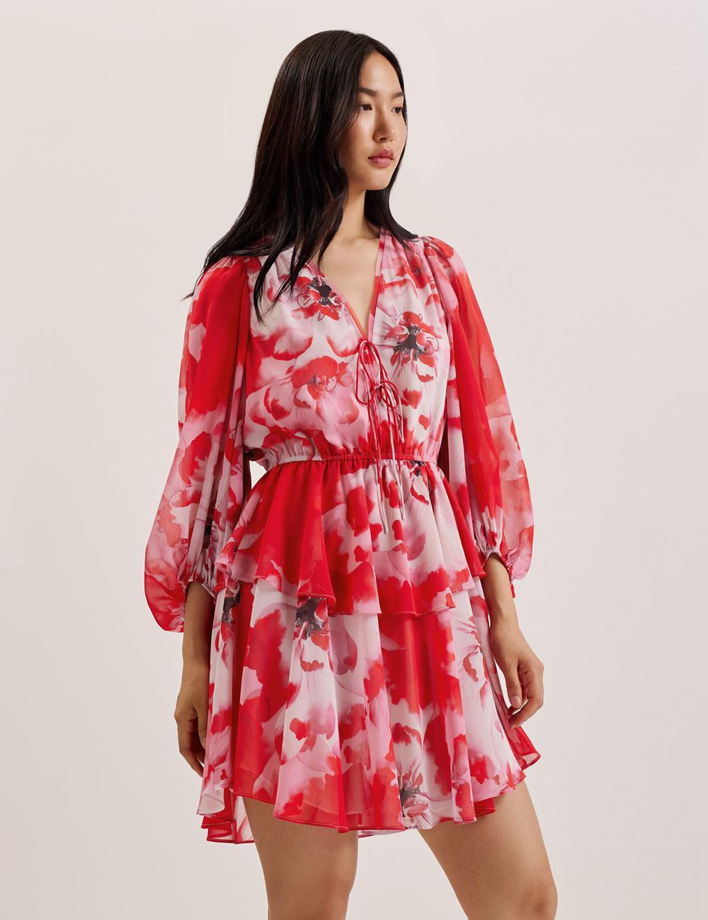 Women Ted Baker LEYNA - Floral Chiffon Front Mini Dresses Red | KSA  9754-HNYLQ
