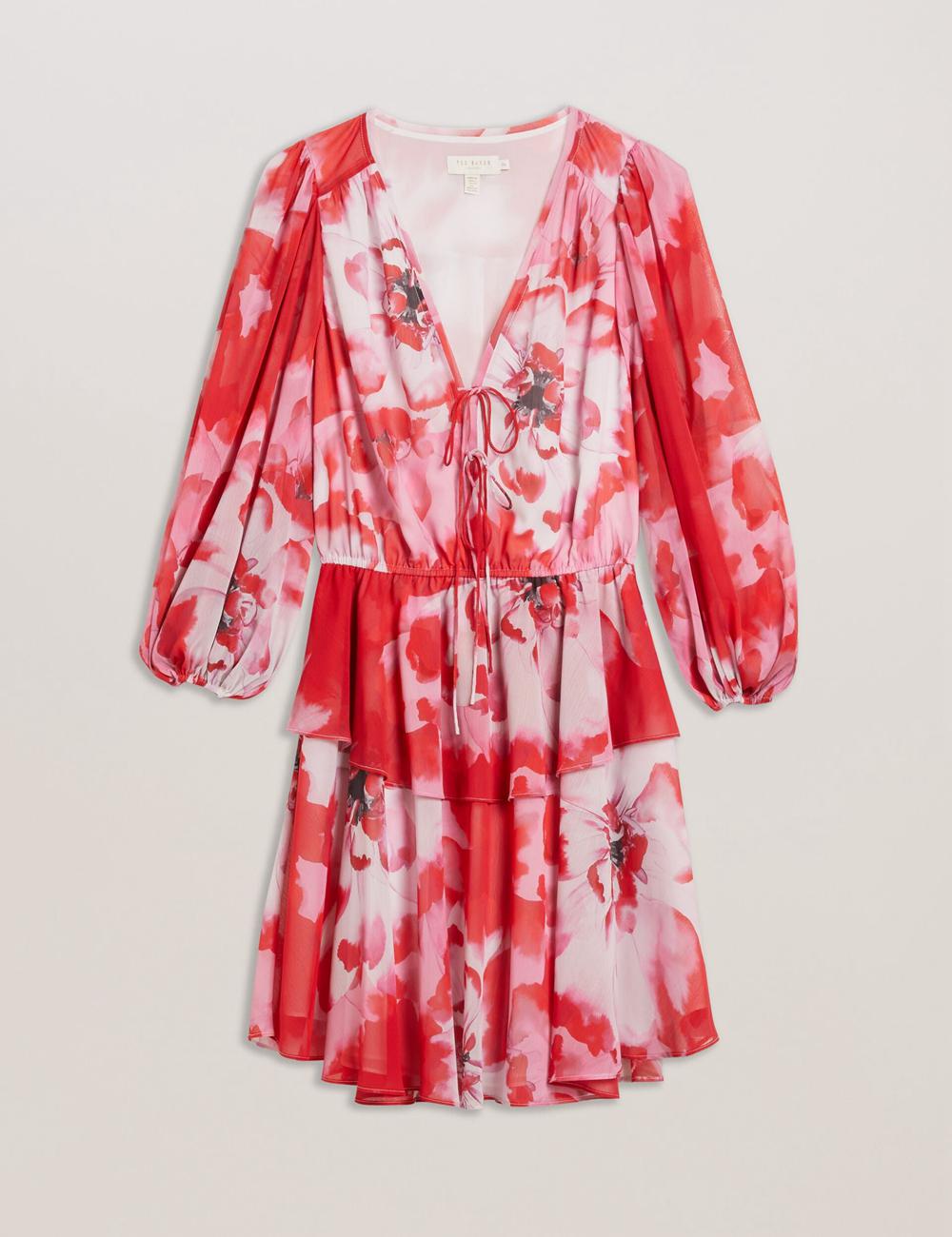 Women Ted Baker LEYNA - Floral Chiffon Front Mini Dresses Red | KSA  9754-HNYLQ