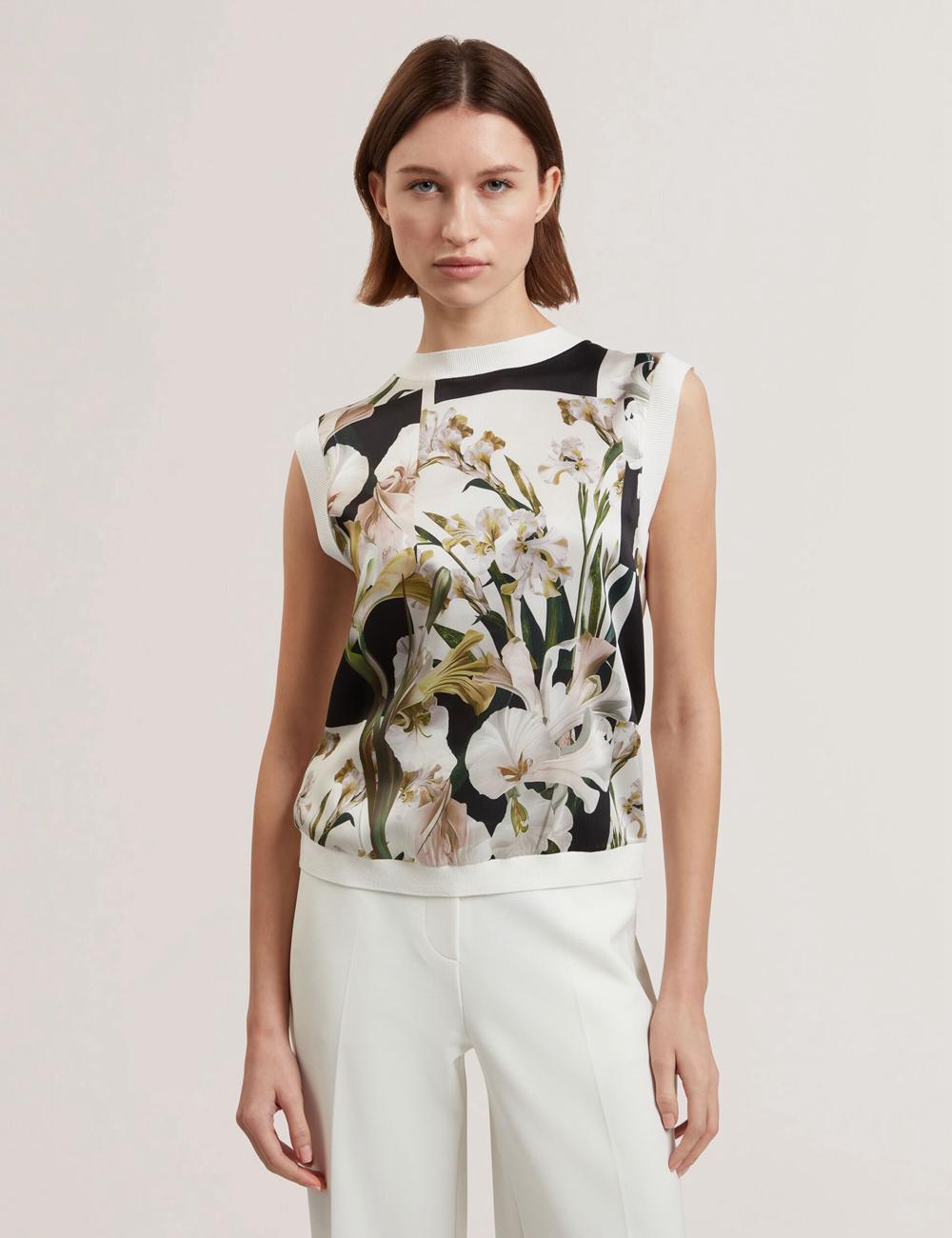 Women Ted Baker LIILEA - Floral Print Front Boxy Knitted Tops Ivory | KSA  2075-LTHBG