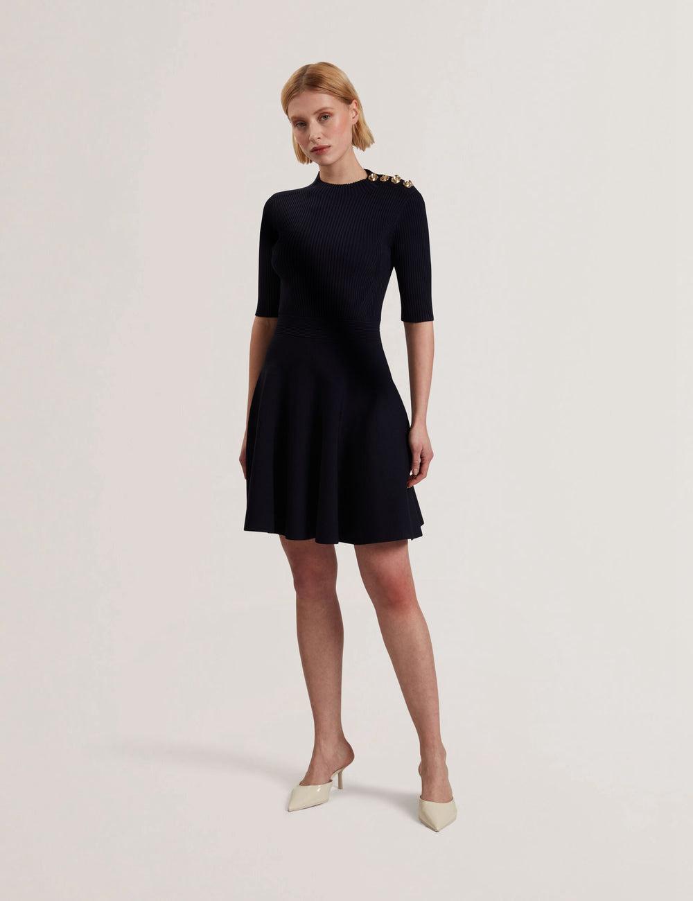Women Ted Baker LILANO - Ribbed Knit Skater With Rose Buttons Mini Dresses Navy | KSA  2370-VEGZI