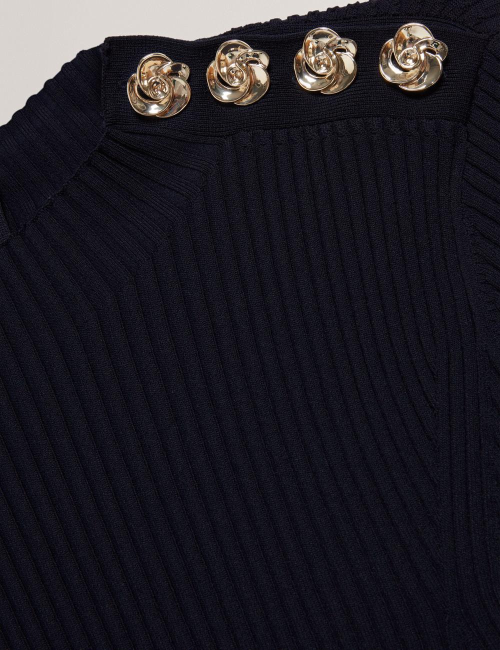 Women Ted Baker LILANO - Ribbed Knit Skater With Rose Buttons Mini Dresses Navy | KSA  2370-VEGZI