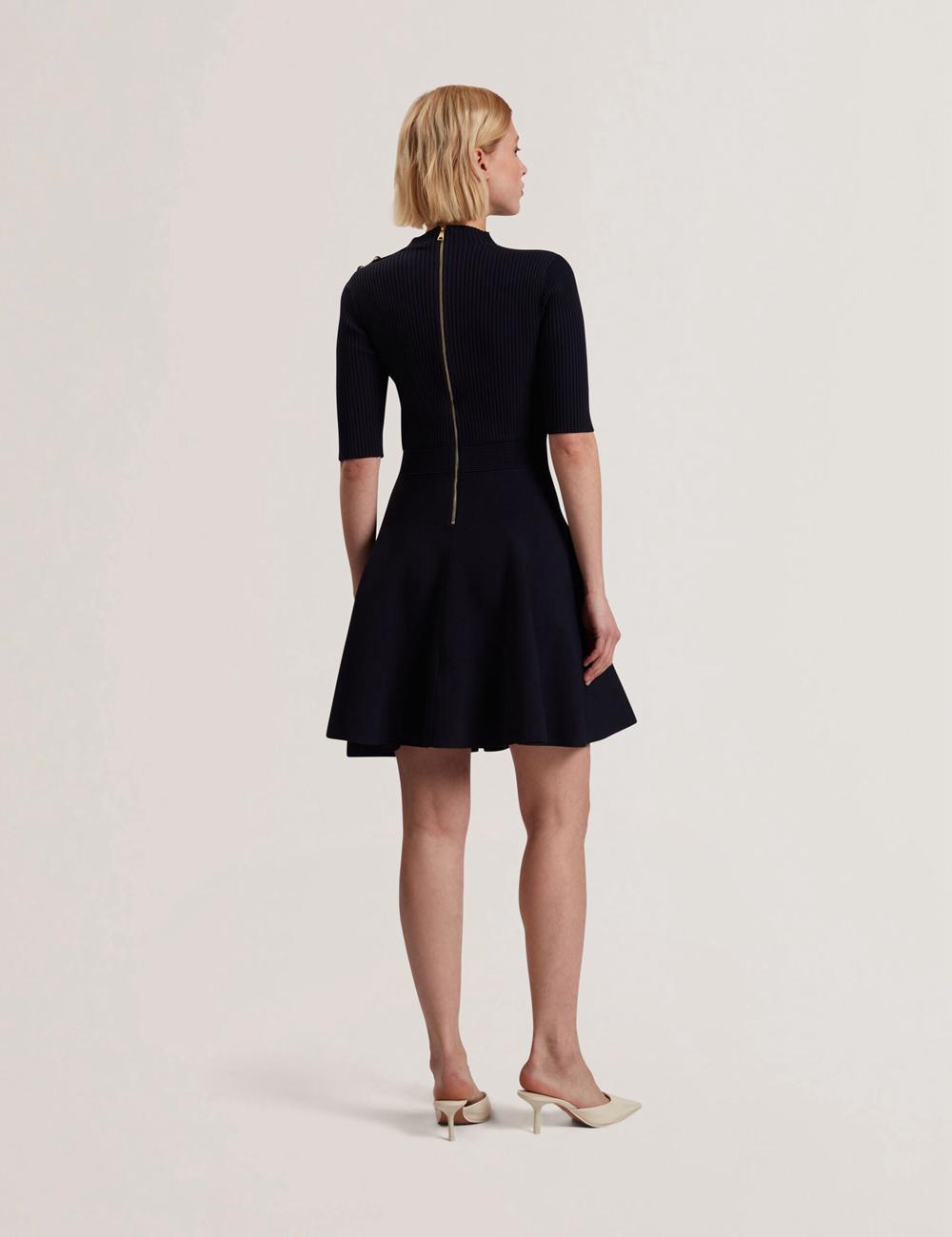 Women Ted Baker LILANO - Ribbed Knit Skater With Rose Buttons Mini Dresses Navy | KSA  2370-VEGZI