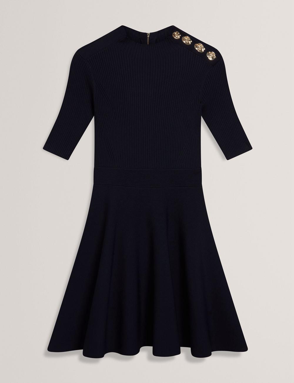 Women Ted Baker LILANO - Ribbed Knit Skater With Rose Buttons Mini Dresses Navy | KSA  2370-VEGZI