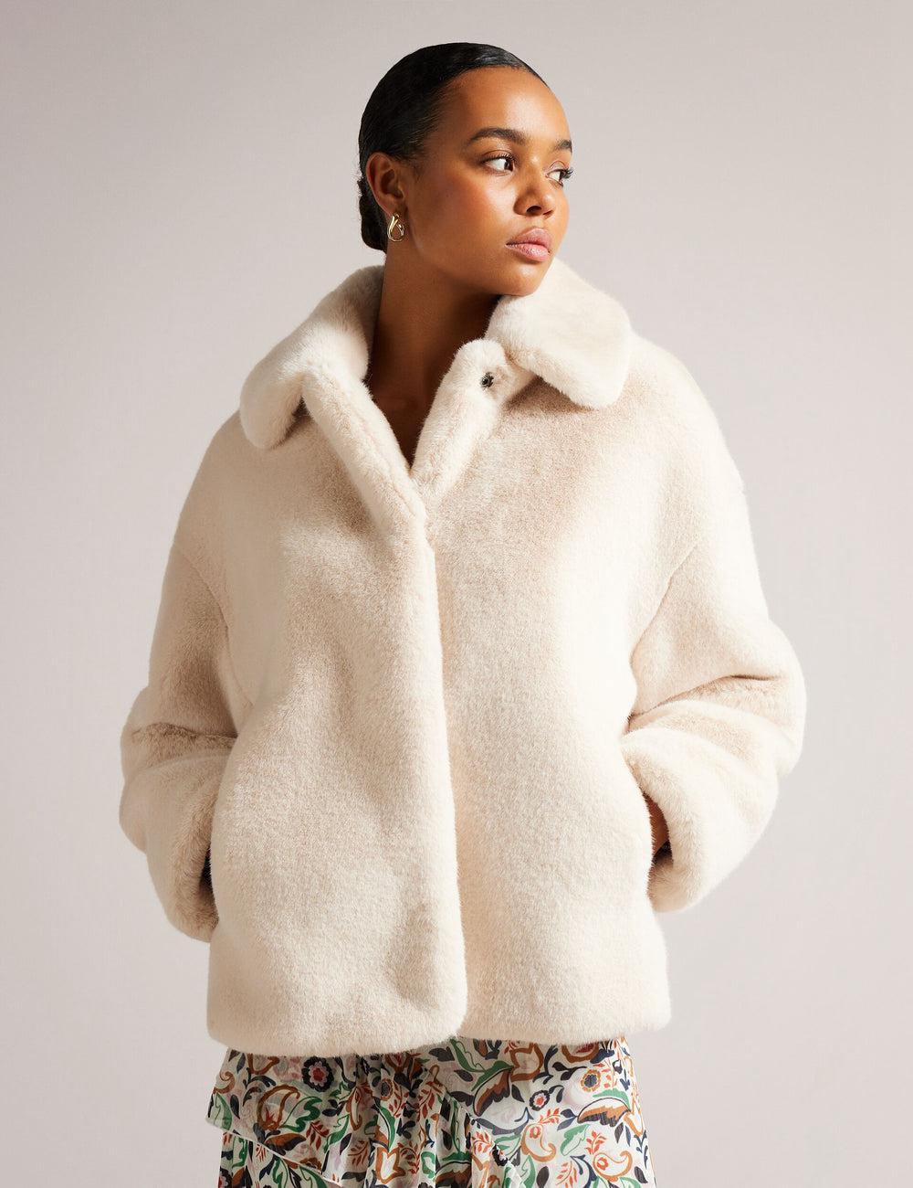 Women Ted Baker LILIAM - Faux Fur Collared Short Coat Jackets Ivory | KSA  6792-BCILT