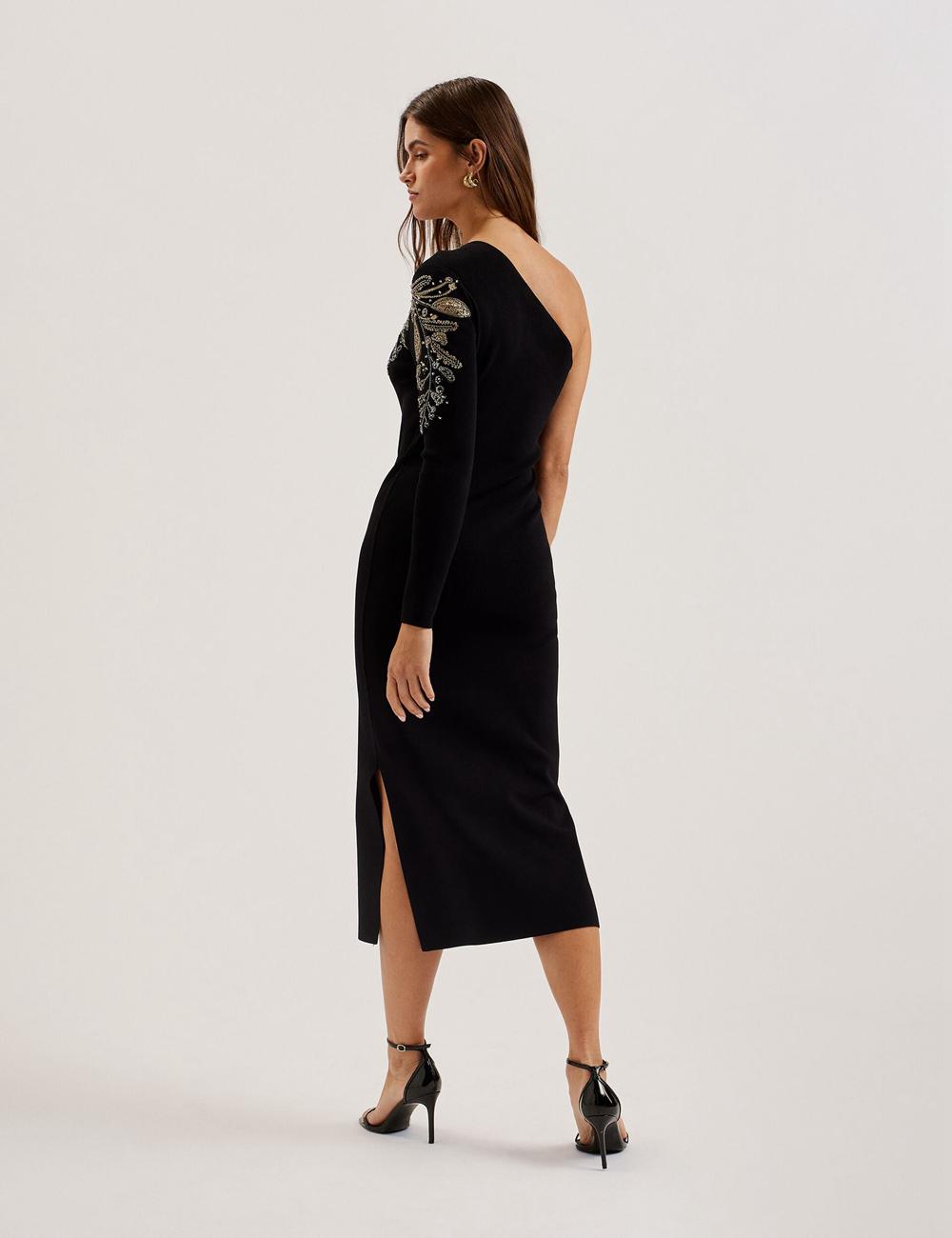 Women Ted Baker LIZYYY - One Shoulder Embellished Knit Midi Dresses Black | KSA  1827-CRFQN