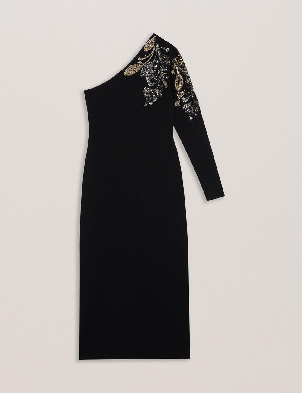 Women Ted Baker LIZYYY - One Shoulder Embellished Knit Midi Dresses Black | KSA  1827-CRFQN