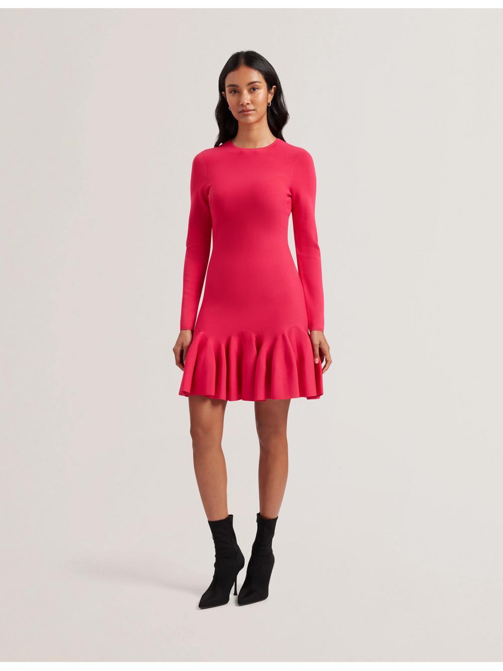 Women Ted Baker LOISSS - Flounce Hem Long Sleeve Knitted Mini Dresses Fuchsia | KSA  9216-ICARZ