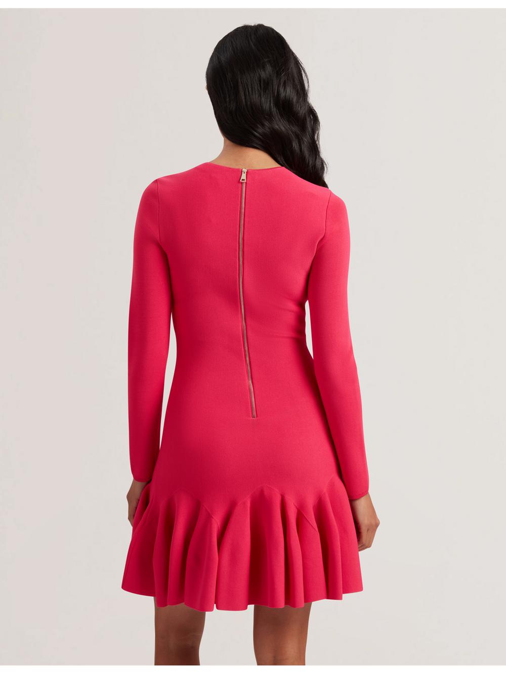 Women Ted Baker LOISSS - Flounce Hem Long Sleeve Knitted Mini Dresses Fuchsia | KSA  9216-ICARZ