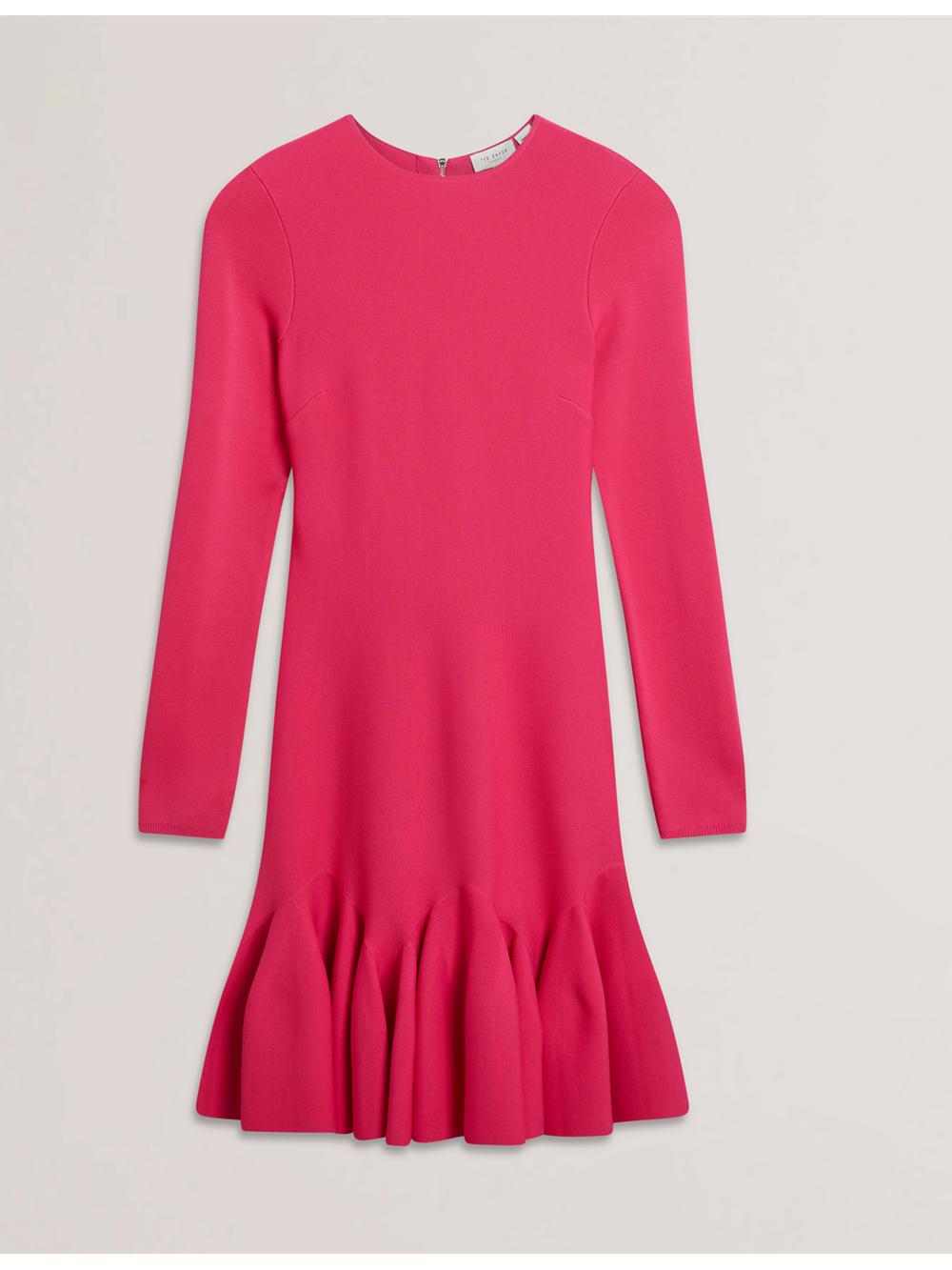 Women Ted Baker LOISSS - Flounce Hem Long Sleeve Knitted Mini Dresses Fuchsia | KSA  9216-ICARZ