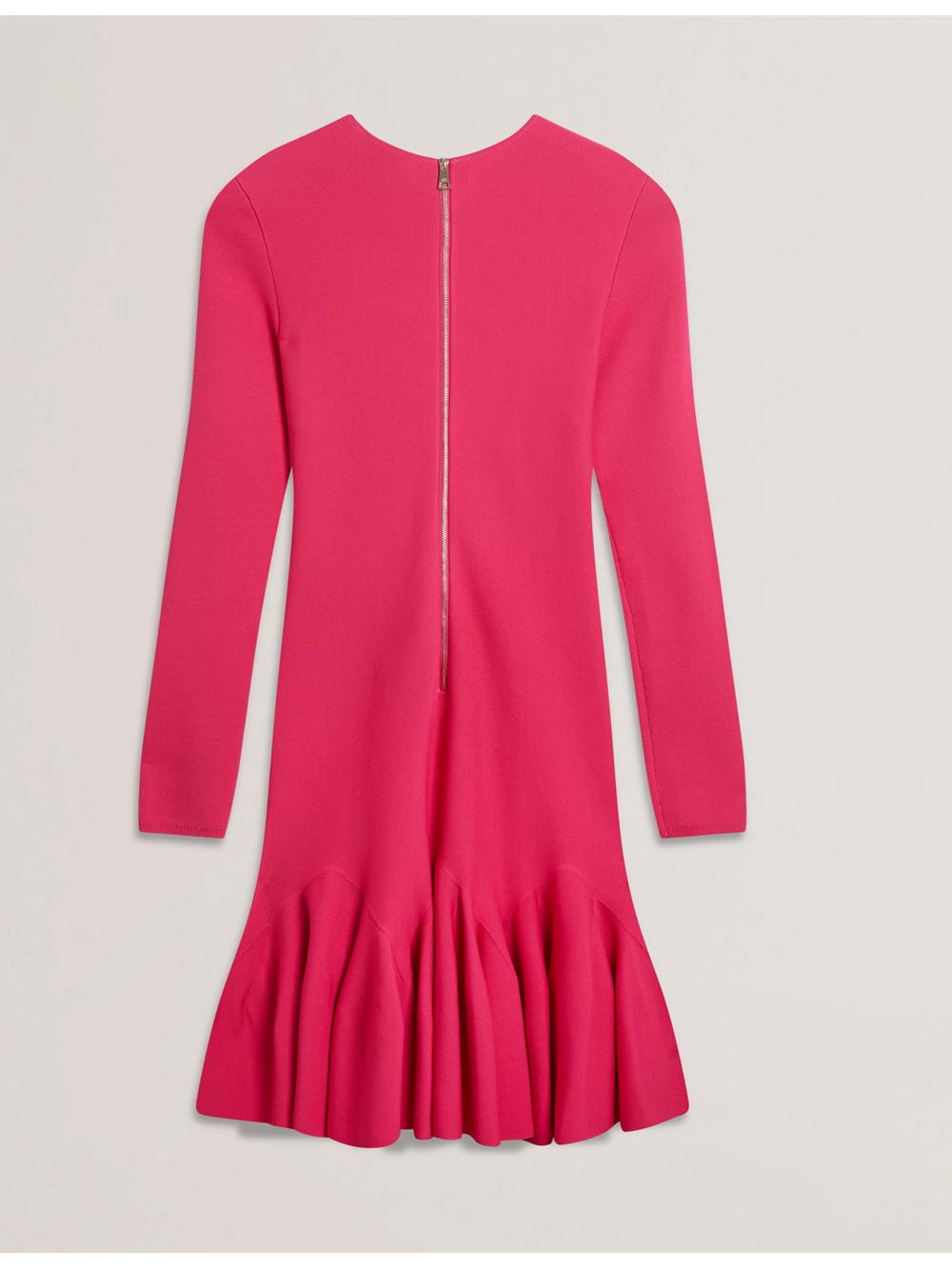 Women Ted Baker LOISSS - Flounce Hem Long Sleeve Knitted Mini Dresses Fuchsia | KSA  9216-ICARZ