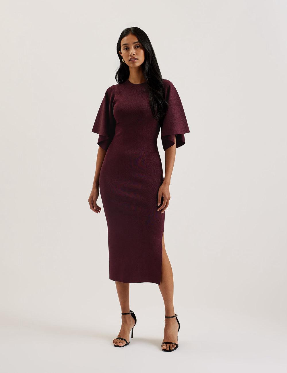 Women Ted Baker LOUANAA - Metallic Knit Fluted Sleeve Midi Dresses Red | KSA  0213-UCTNM