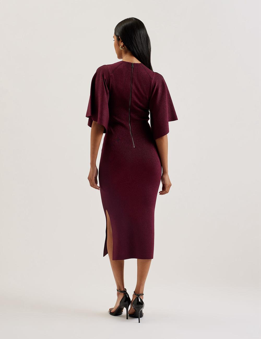 Women Ted Baker LOUANAA - Metallic Knit Fluted Sleeve Midi Dresses Red | KSA  0213-UCTNM