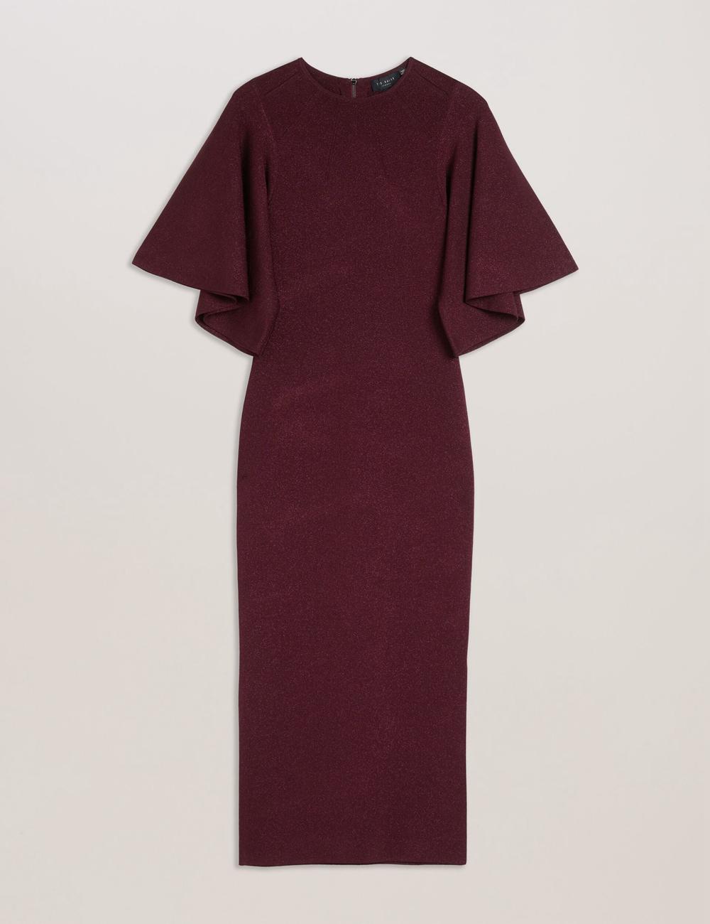 Women Ted Baker LOUANAA - Metallic Knit Fluted Sleeve Midi Dresses Red | KSA  0213-UCTNM