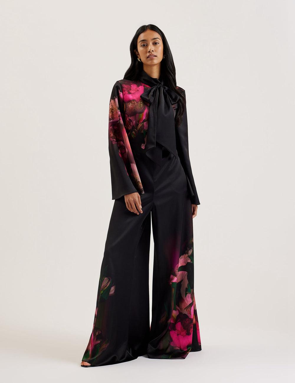 Women Ted Baker LOUSIOS - Printed Neck Wide Leg Jumpsuits Black | KSA  0164-ZFDBR
