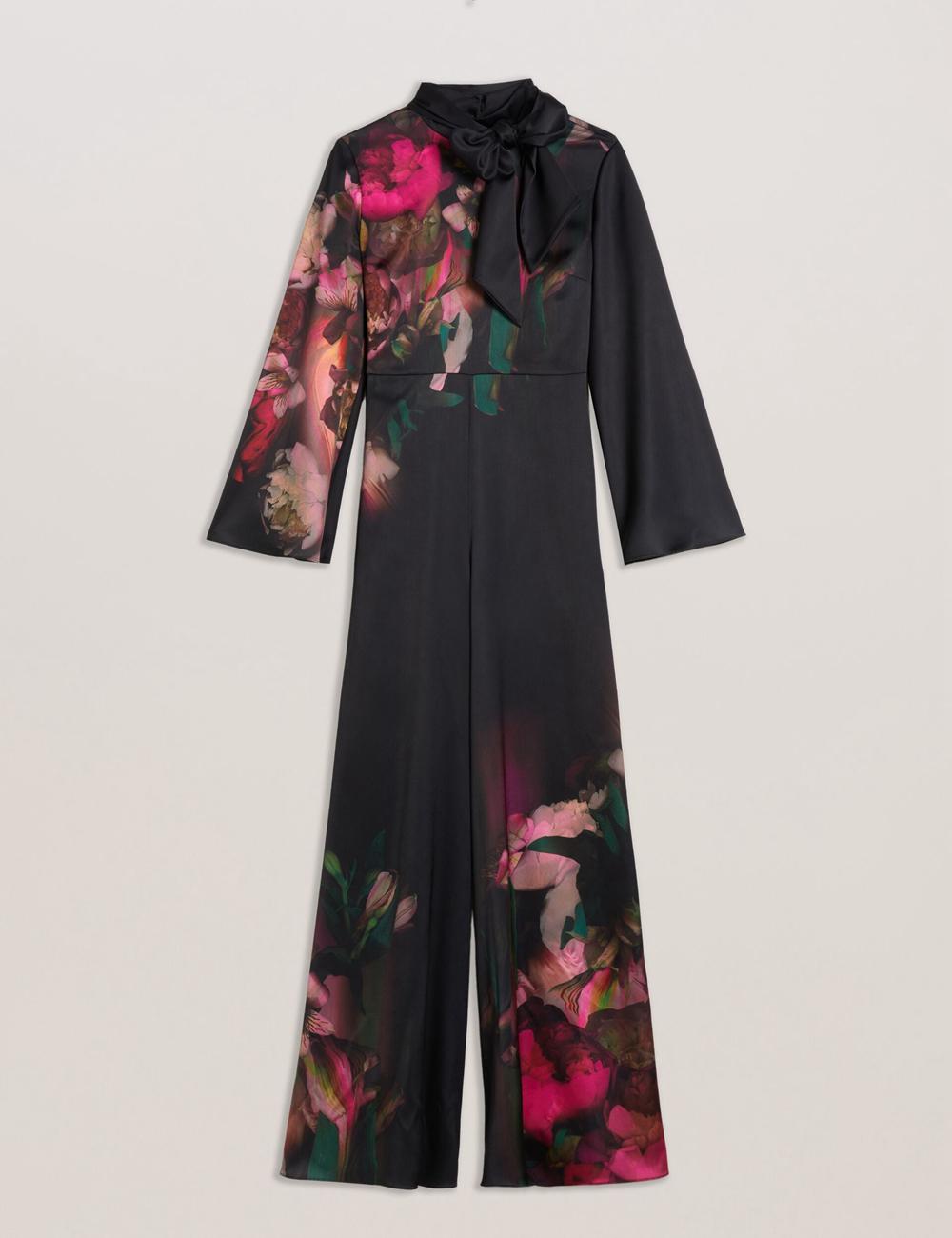 Women Ted Baker LOUSIOS - Printed Neck Wide Leg Jumpsuits Black | KSA  0164-ZFDBR