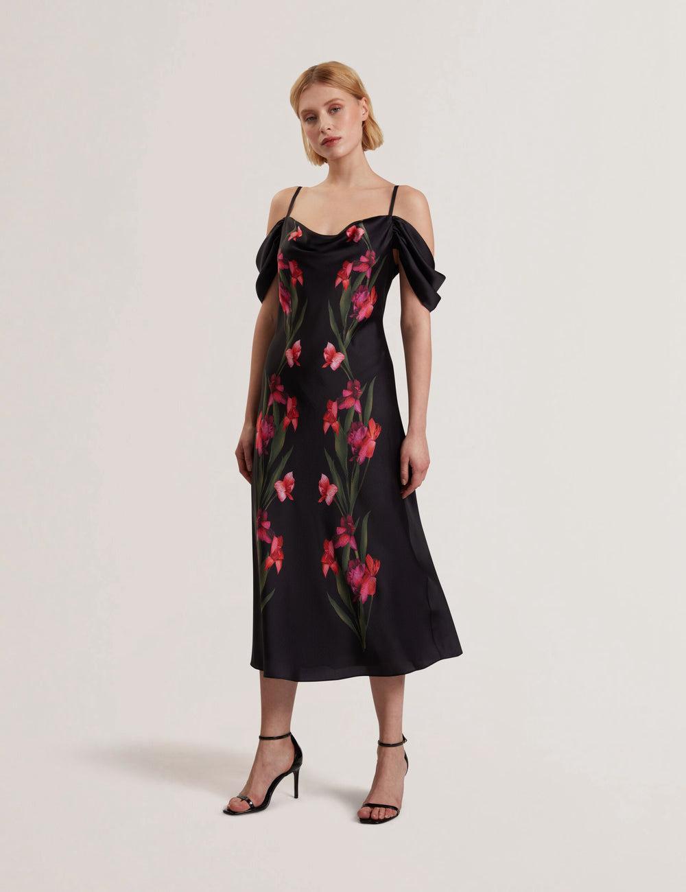 Women Ted Baker LUCERN - Floral Satin Off Shoulder Bias Midi Dresses Black | KSA  1592-OCIJS