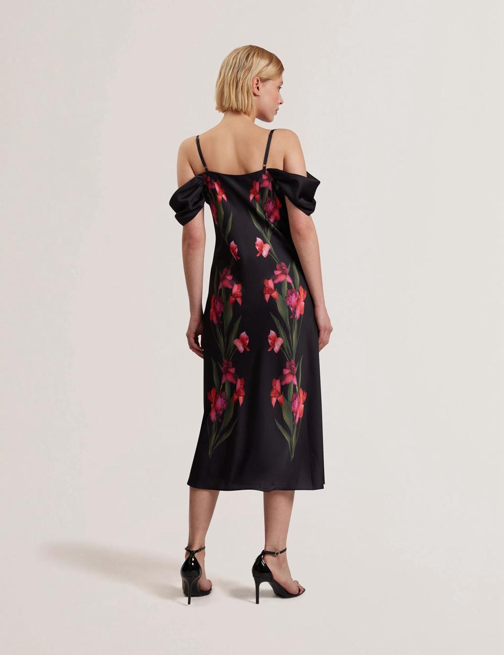 Women Ted Baker LUCERN - Floral Satin Off Shoulder Bias Midi Dresses Black | KSA  1592-OCIJS
