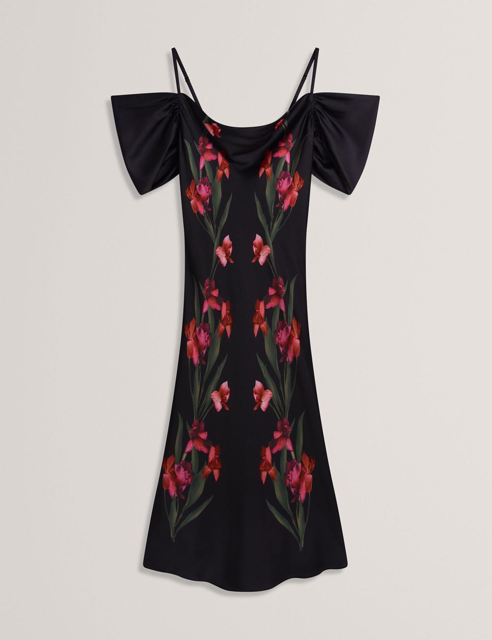 Women Ted Baker LUCERN - Floral Satin Off Shoulder Bias Midi Dresses Black | KSA  1592-OCIJS
