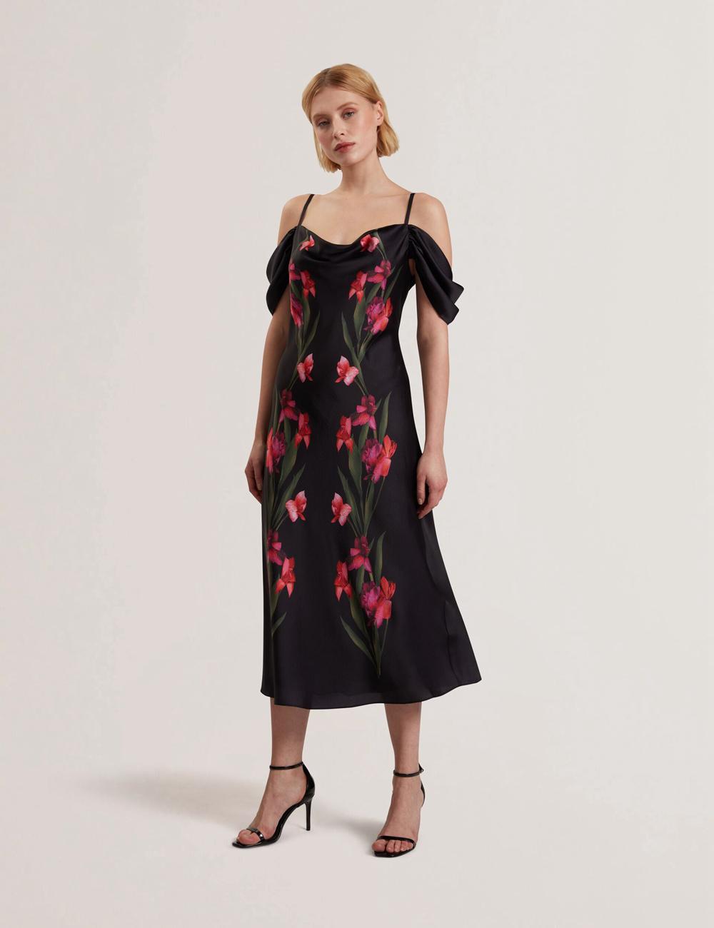 Women Ted Baker LUCERN - Floral Satin Off Shoulder Bias Midi Dresses Black | KSA  1592-OCIJS
