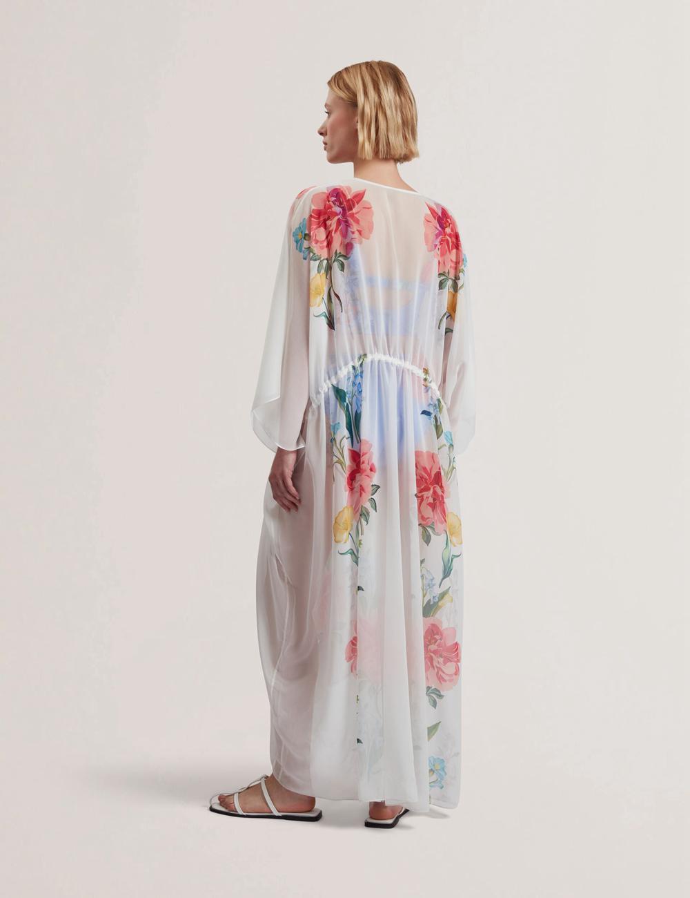 Women Ted Baker LUUSAA - Floral V-Neck Maxi Kaftan Beach Dress Cover Ups White | KSA  7952-ISJZV