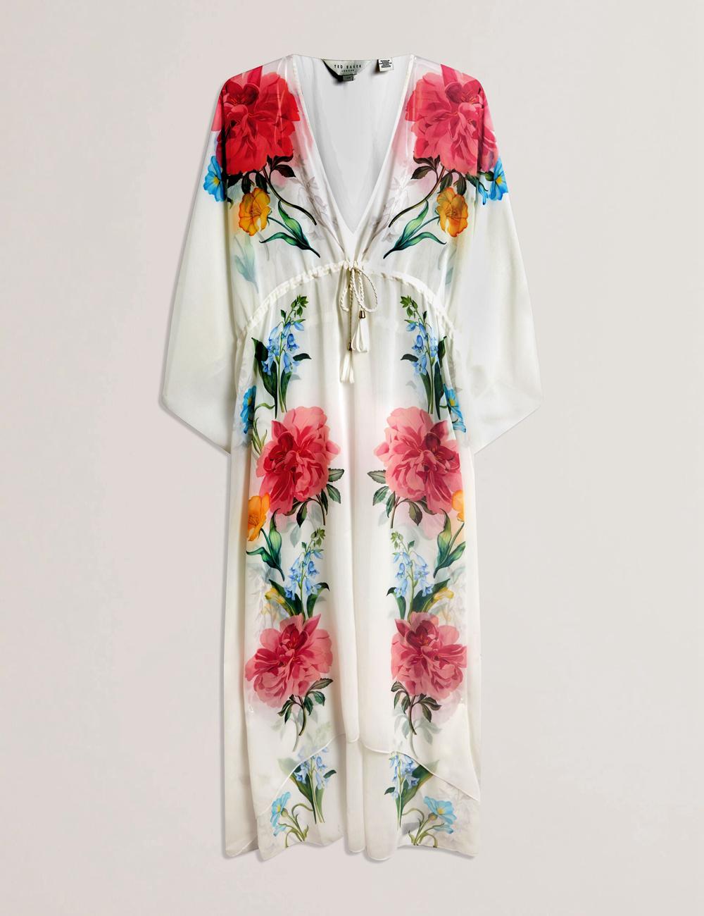 Women Ted Baker LUUSAA - Floral V-Neck Maxi Kaftan Beach Dress Cover Ups White | KSA  7952-ISJZV