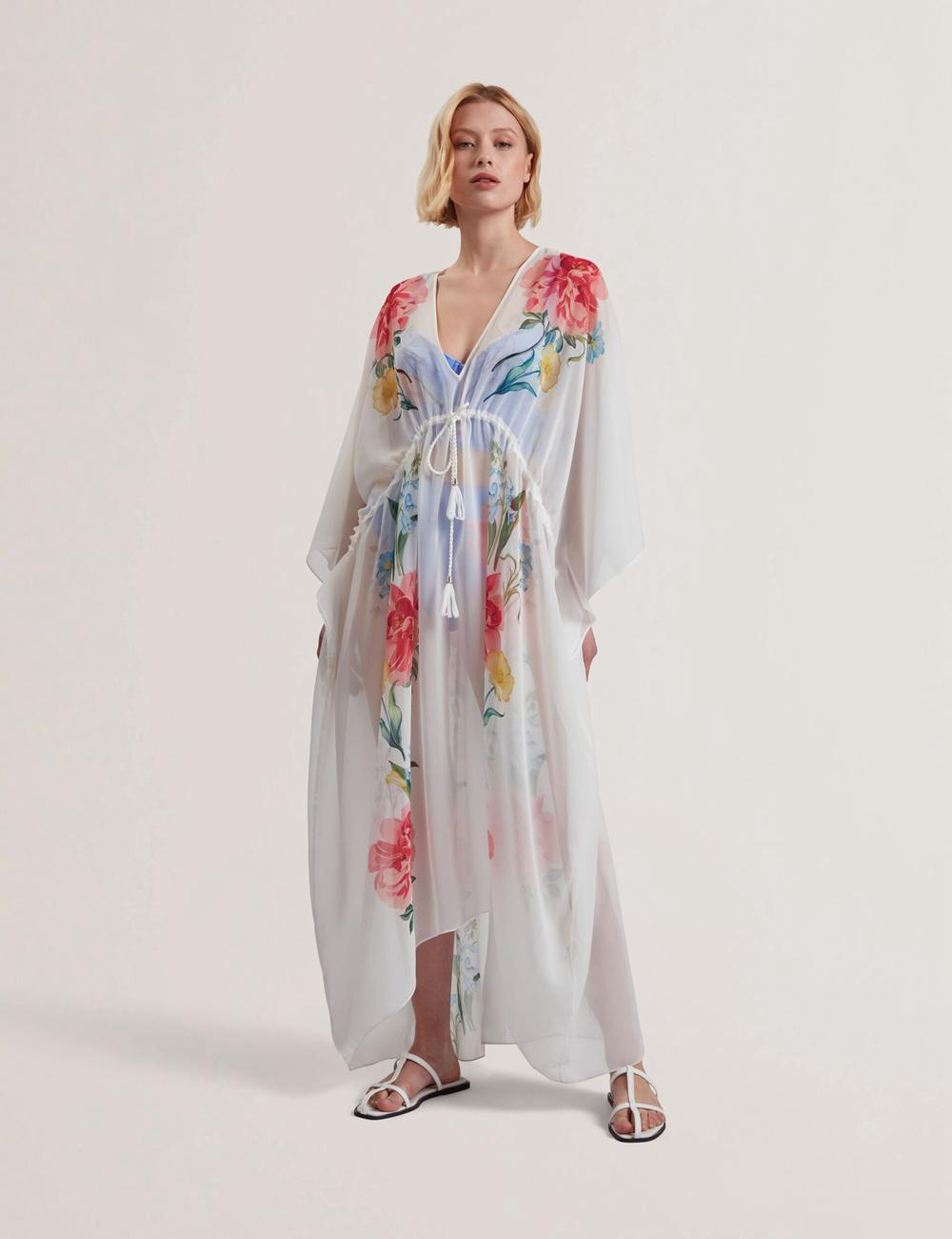 Women Ted Baker LUUSAA - Floral V-Neck Maxi Kaftan Beach Dress Cover Ups White | KSA  7952-ISJZV