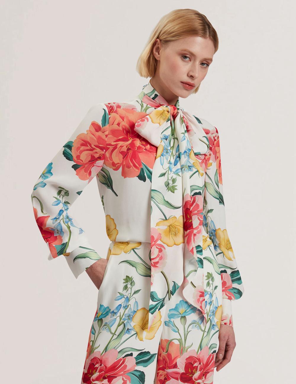 Women Ted Baker LUUSILE - Floral Print Neck Long Sleeve Blouses White | KSA  9457-UESJO