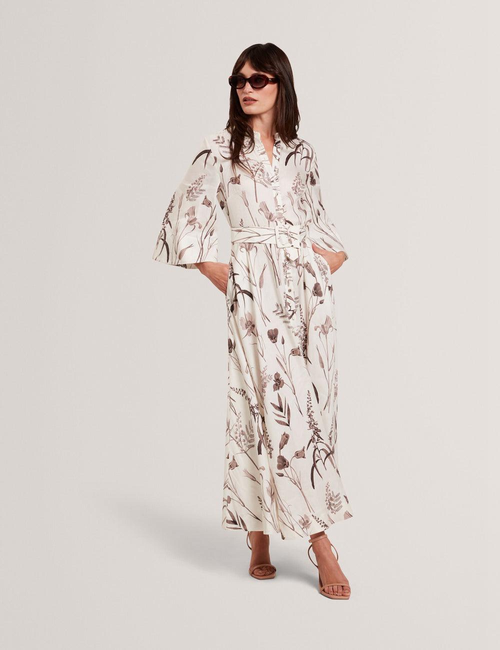 Women Ted Baker LUWISA - Floral Linen Silk Belted Midi Shirt Midi Dresses Ivory | KSA  2603-XBUMJ