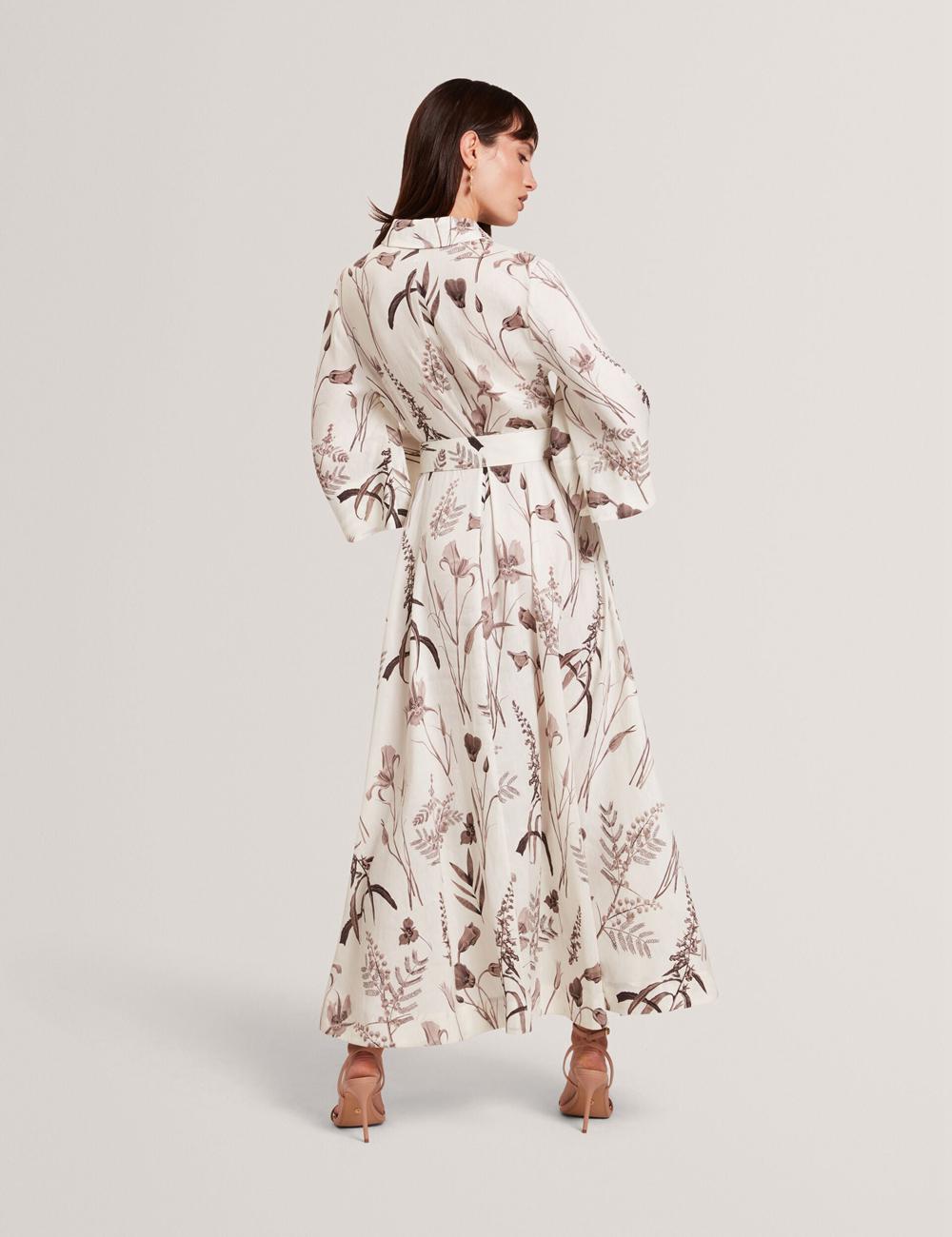 Women Ted Baker LUWISA - Floral Linen Silk Belted Midi Shirt Midi Dresses Ivory | KSA  2603-XBUMJ