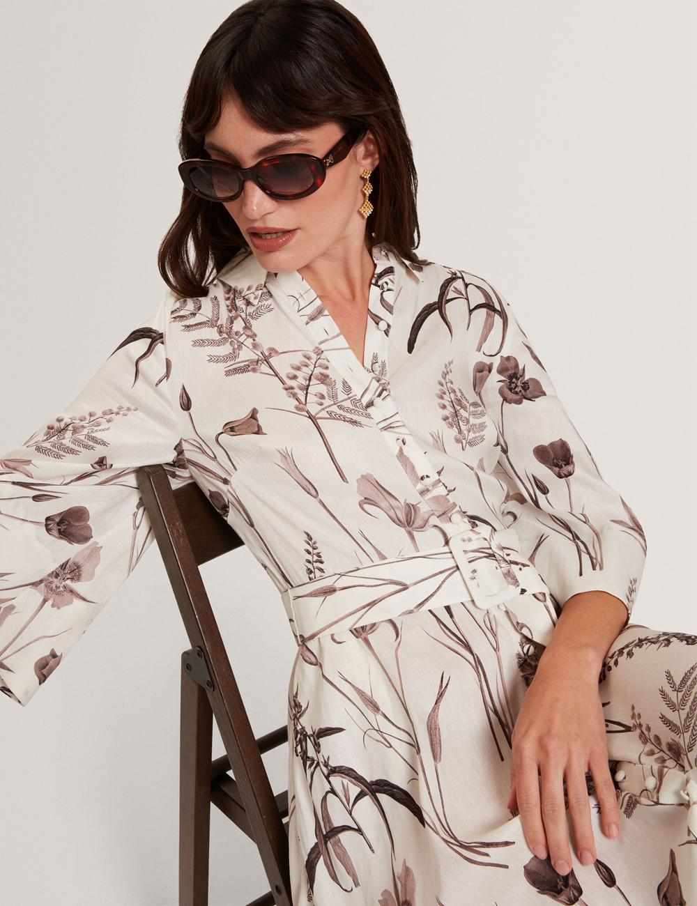Women Ted Baker LUWISA - Floral Linen Silk Belted Midi Shirt Midi Dresses Ivory | KSA  2603-XBUMJ