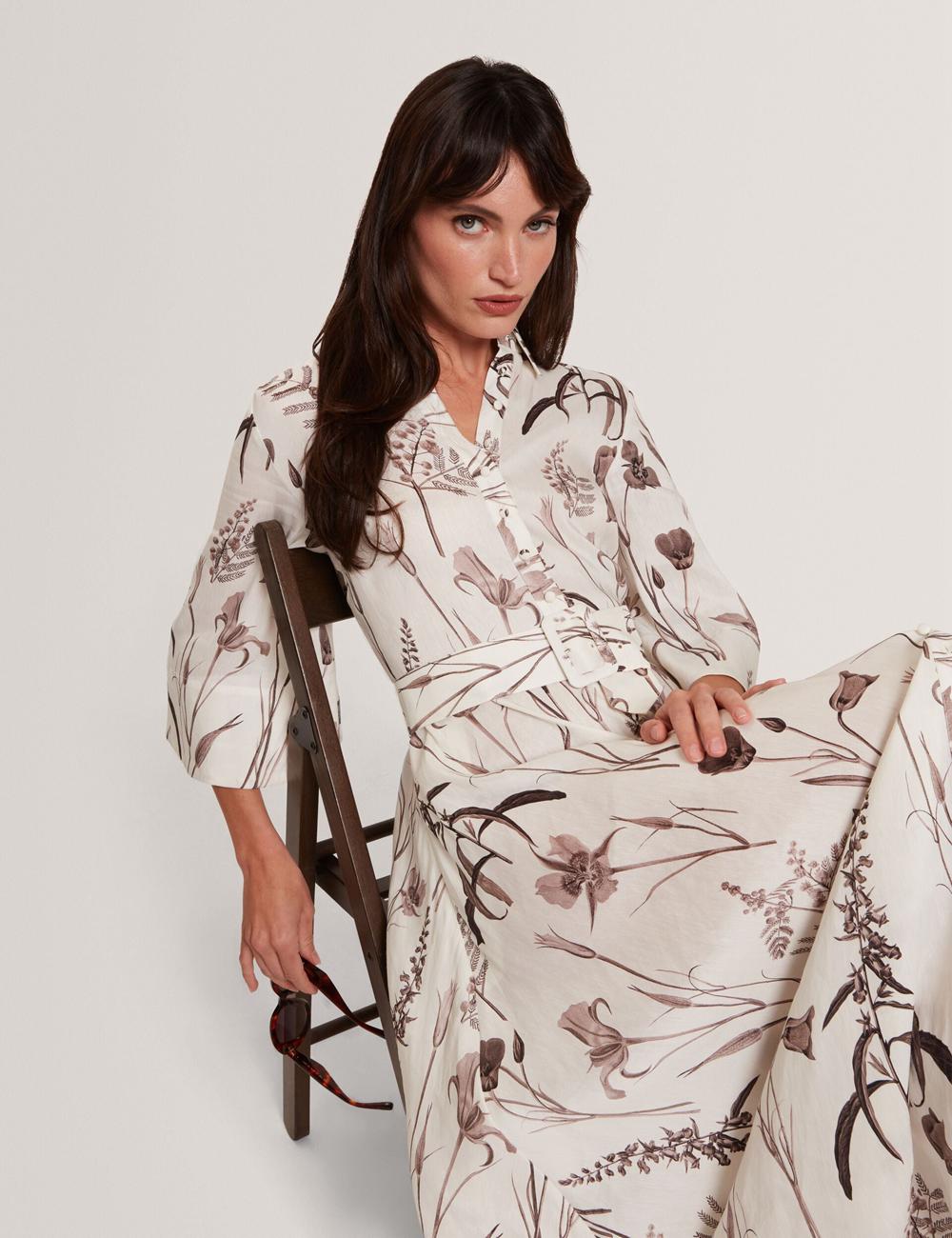 Women Ted Baker LUWISA - Floral Linen Silk Belted Midi Shirt Midi Dresses Ivory | KSA  2603-XBUMJ