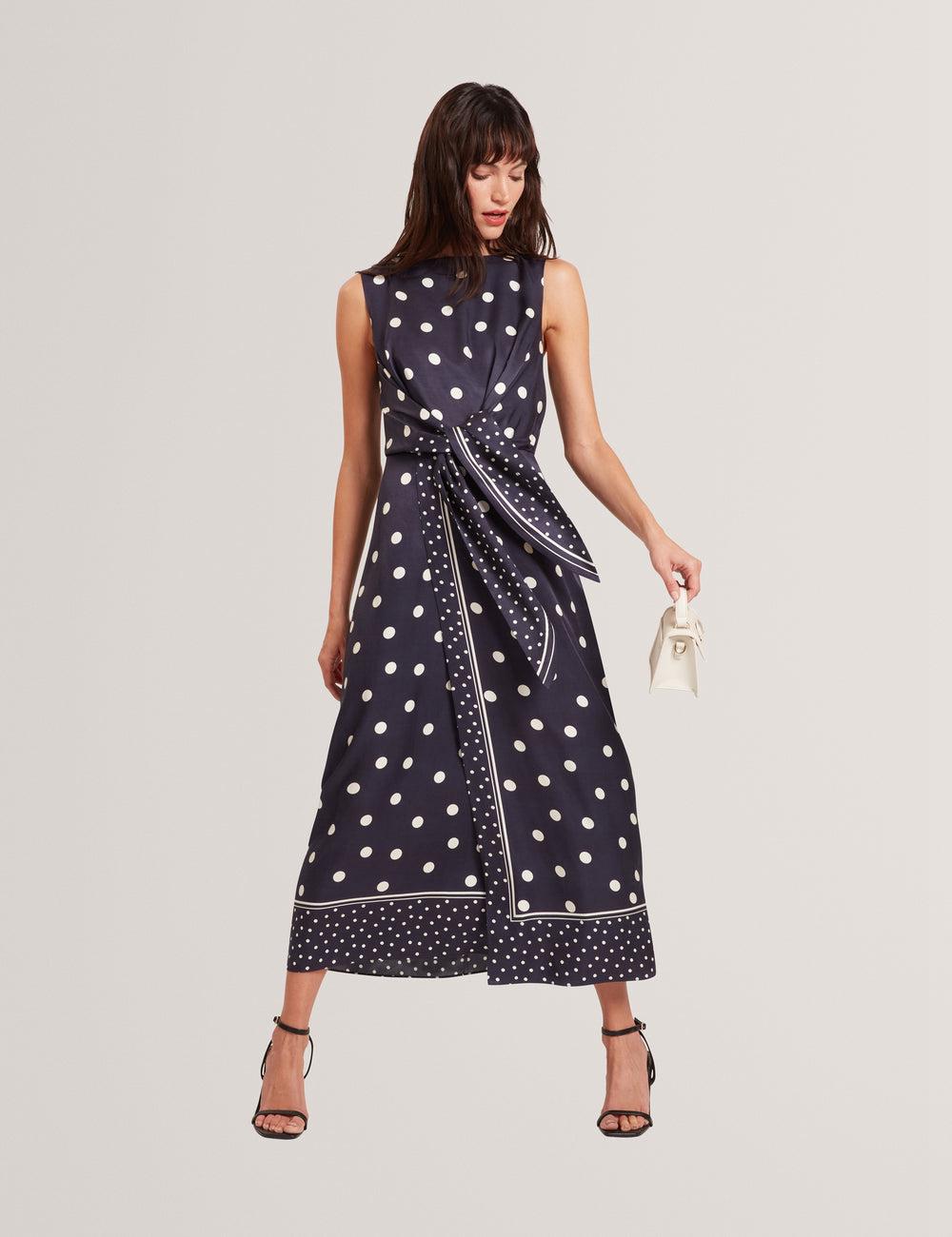 Women Ted Baker MALMOA - Polka Dot Detail Column Midi Dresses Navy | KSA  7439-MLTKE