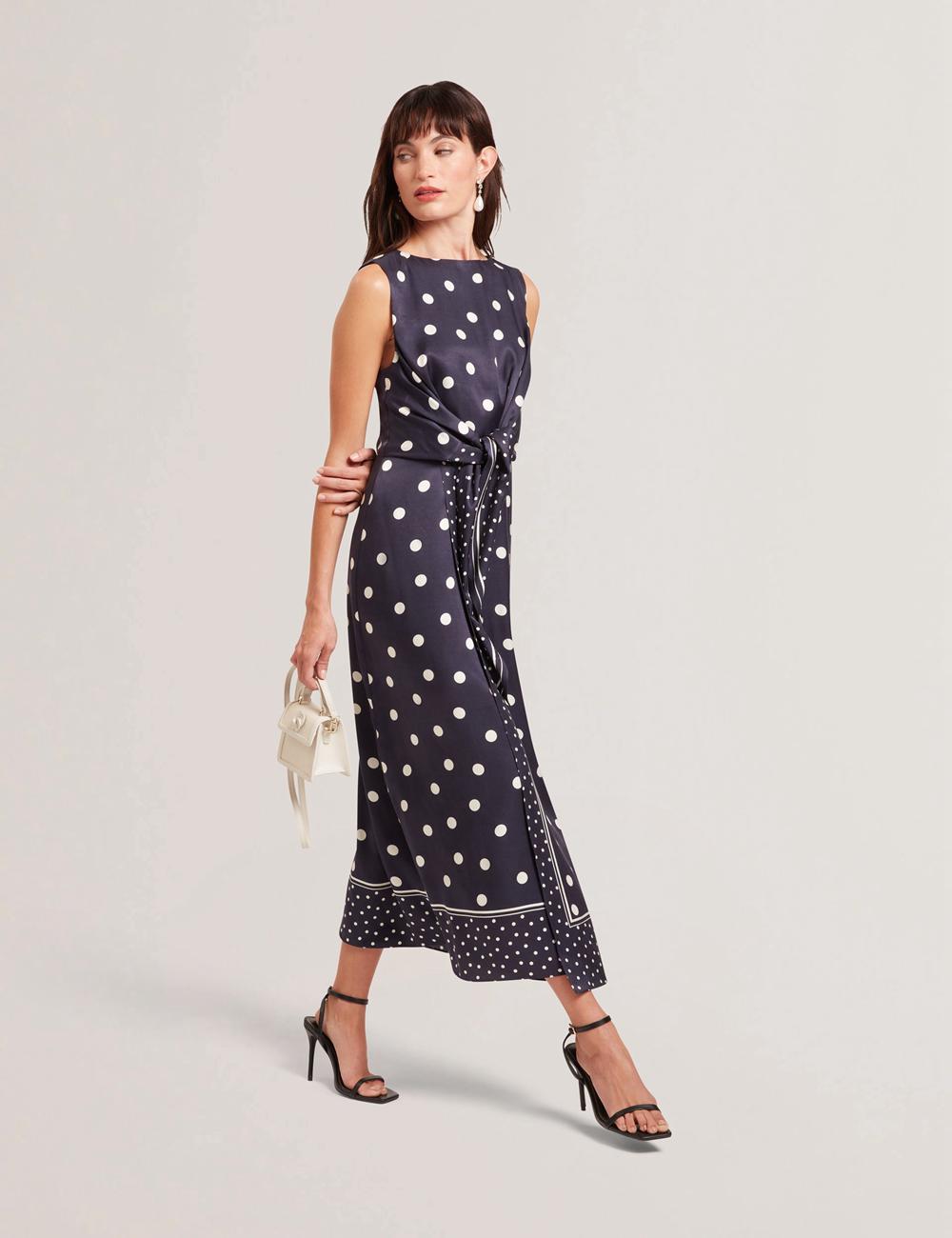 Women Ted Baker MALMOA - Polka Dot Detail Column Midi Dresses Navy | KSA  7439-MLTKE