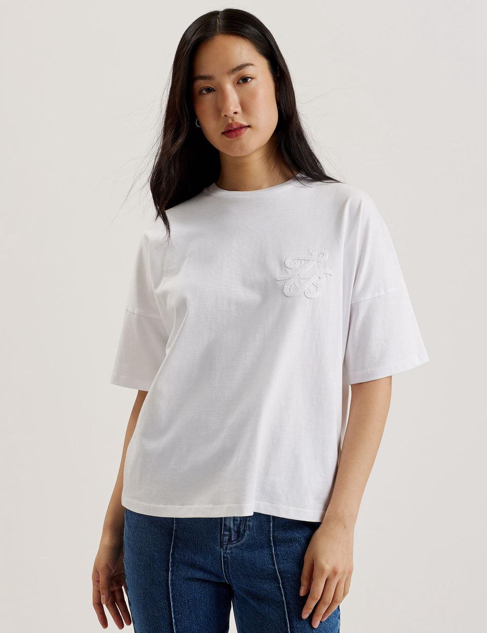 Women Ted Baker MALORRY - Embroidered Logo Boxy Cotton T-Shirts White | KSA  5760-URYXM