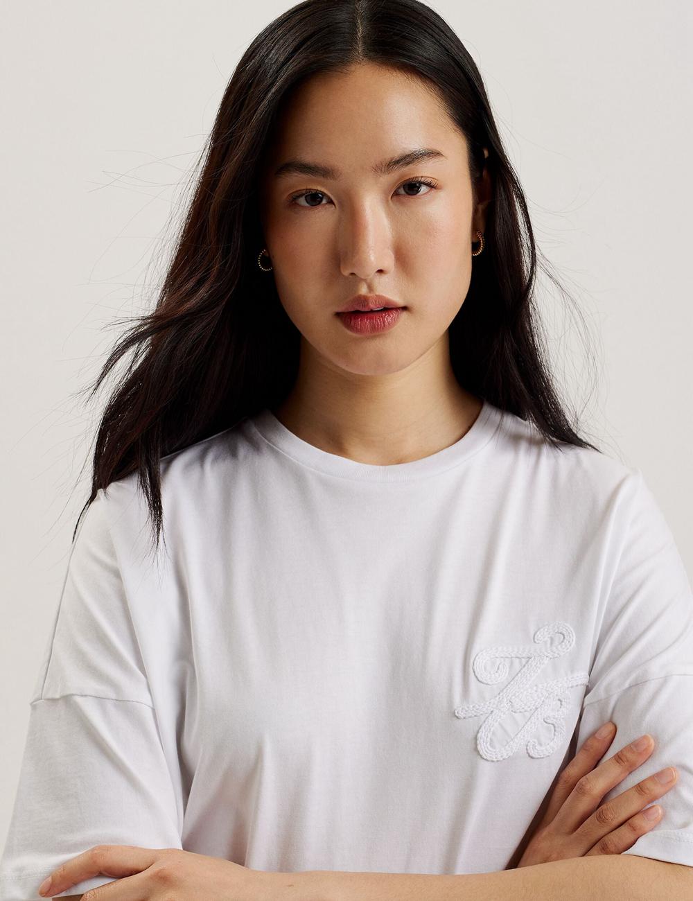 Women Ted Baker MALORRY - Embroidered Logo Boxy Cotton T-Shirts White | KSA  5760-URYXM