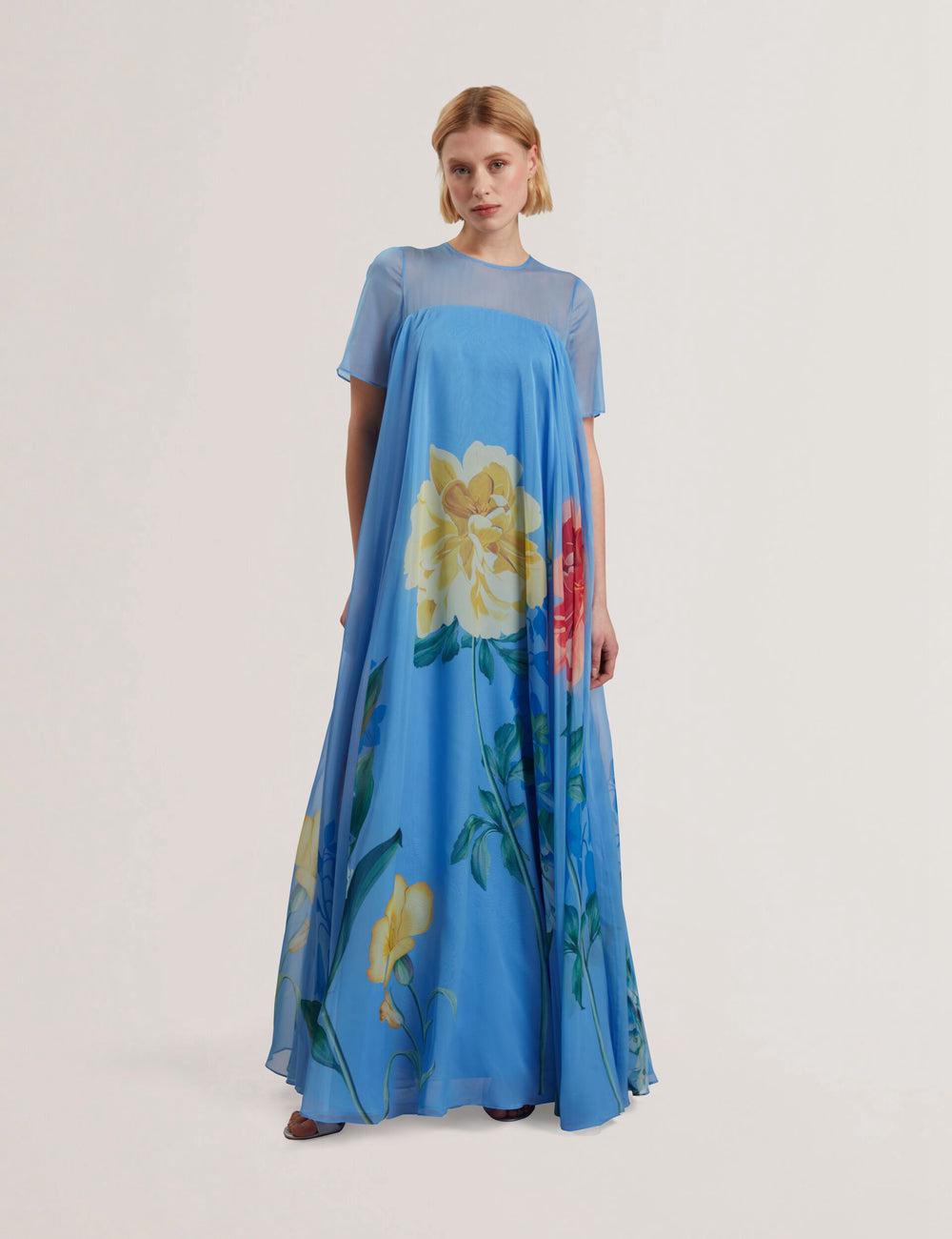 Women Ted Baker MALRIE - Sheer Neck Floral Trapeze Maxi Dresses Mid-Blue | KSA  9251-GQPCL