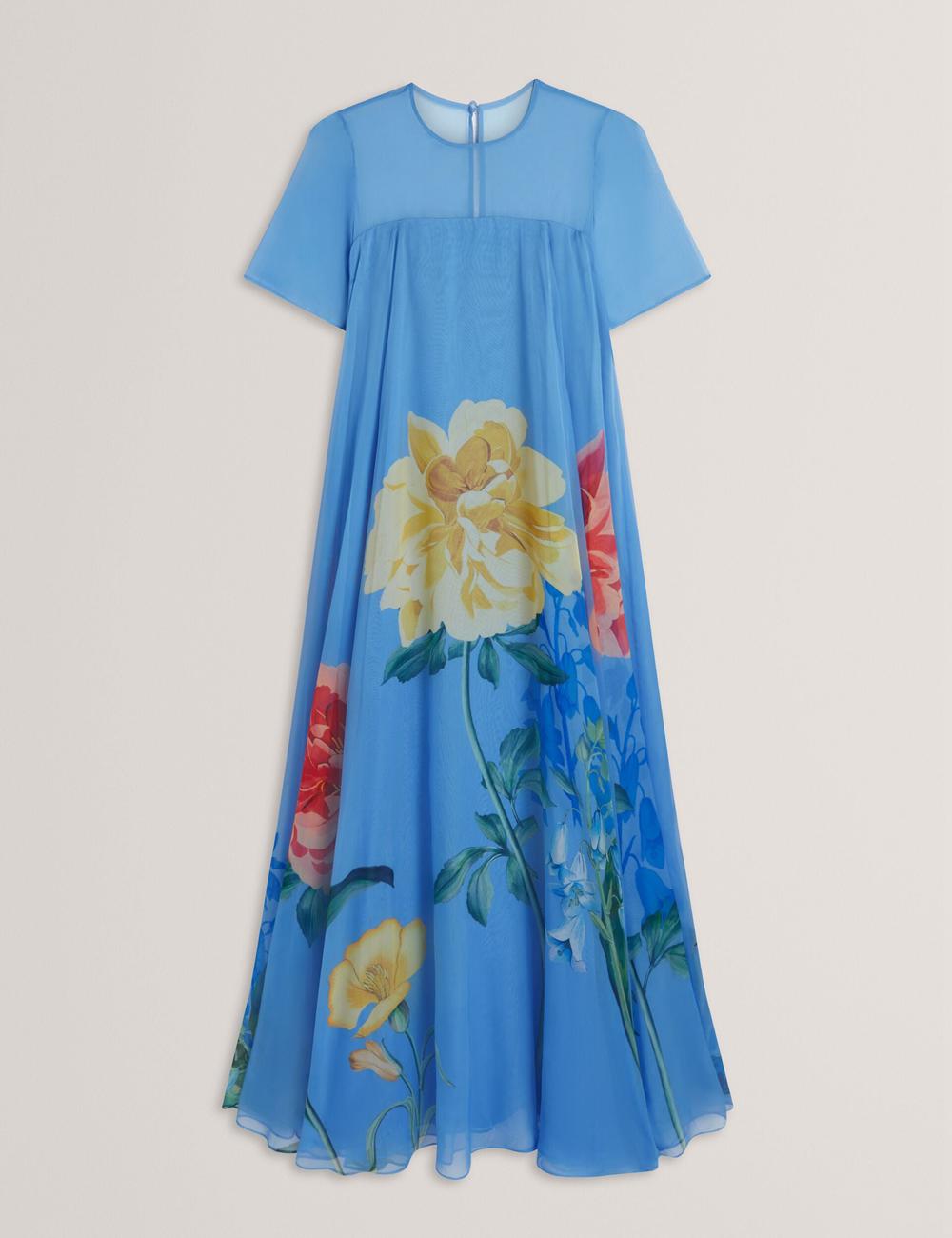 Women Ted Baker MALRIE - Sheer Neck Floral Trapeze Maxi Dresses Mid-Blue | KSA  9251-GQPCL