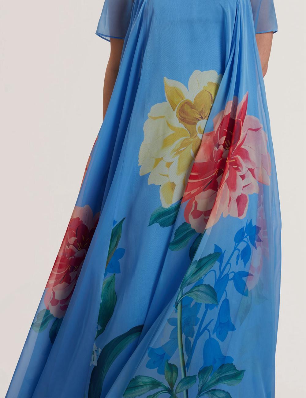 Women Ted Baker MALRIE - Sheer Neck Floral Trapeze Maxi Dresses Mid-Blue | KSA  9251-GQPCL