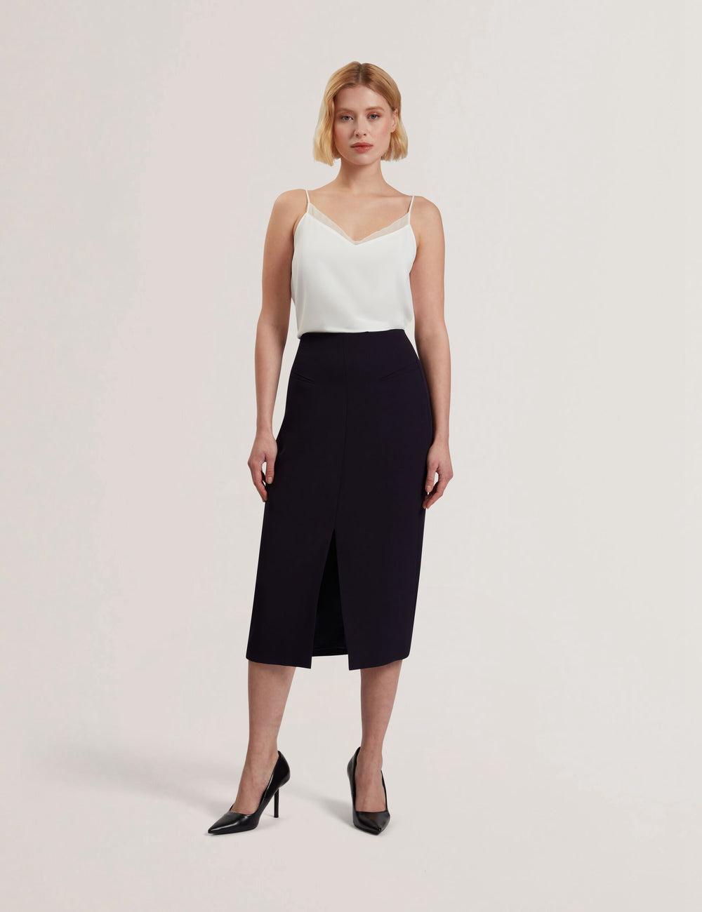 Women Ted Baker MANABSL - Tailored Midi Pencil Skirt With Front Split Midi Skirts Navy | KSA  3916-DKOBQ