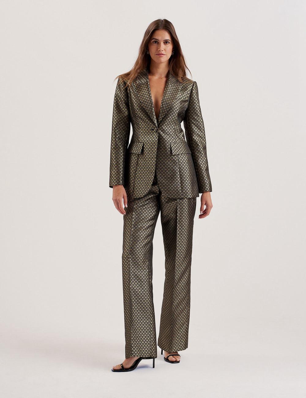 Women Ted Baker MANGUT - Metallic Jacquard Wide Leg Tailored Trousers Black | KSA  3160-LBOAK
