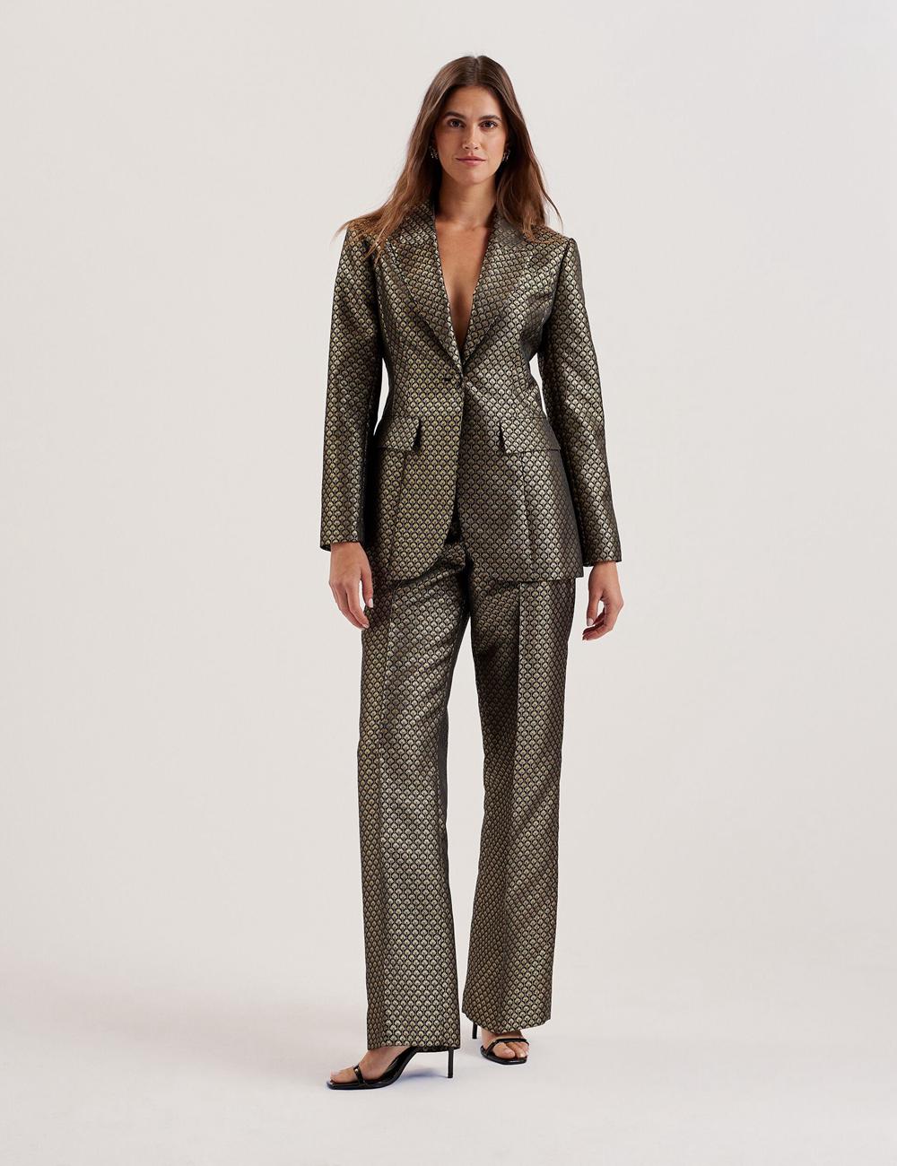 Women Ted Baker MANGUT - Metallic Jacquard Wide Leg Tailored Trousers Black | KSA  3160-LBOAK